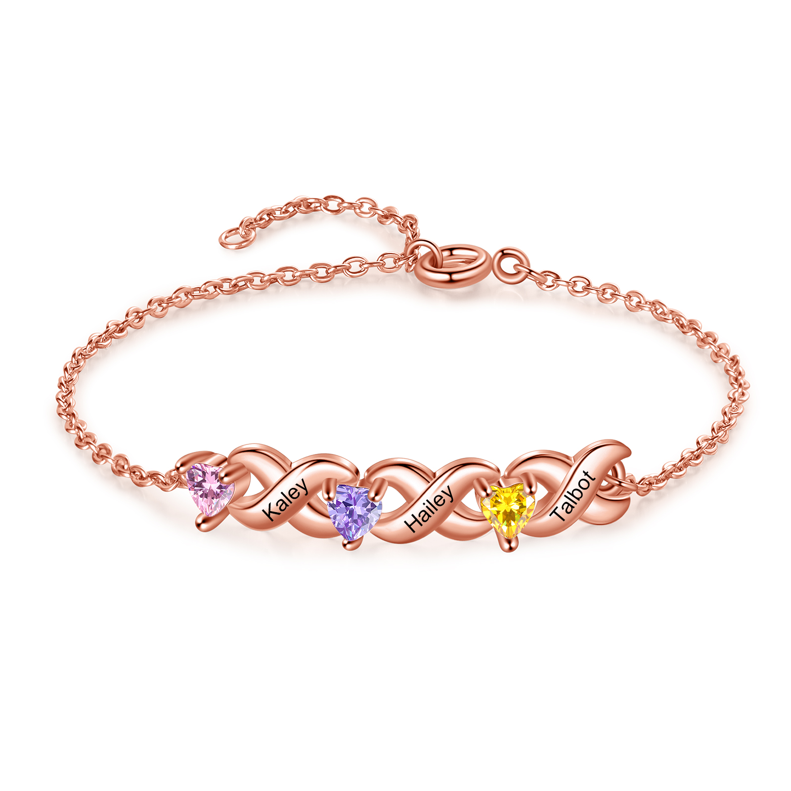 Bracelet à Breloque 3 Prénoms Personnalisé avec 3 Pierres de Naissance