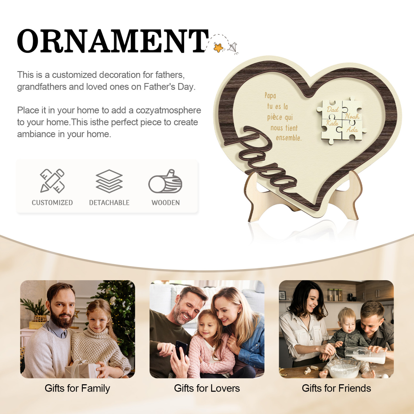 À mon Papa - Décoration en bois Cœur Puzzle 4 Prénoms Personnalisés Ornement pour Famille