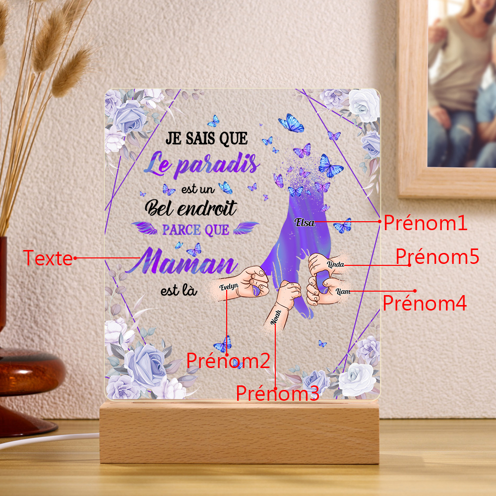 À Maman/Papa - Lampe de chevet LED Commémorative 5 Prénoms Personnalisés avec 1 Texte Lampe de chevet la main dans la main