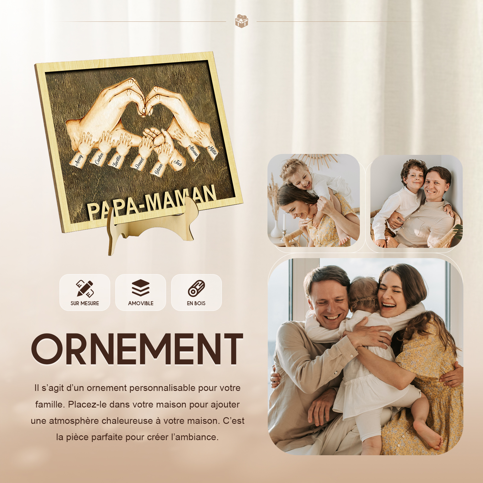 Décoration en bois la Main dans la Main 8 Prénoms Personnalisés Ornement pour Famille