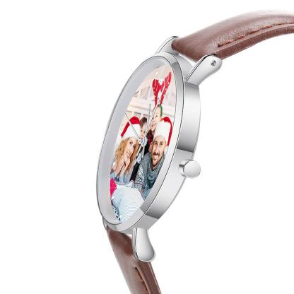 Montre Personnalisée Photo avec Gravure du prénom ou Message Bracelet en Cuir pour Homme