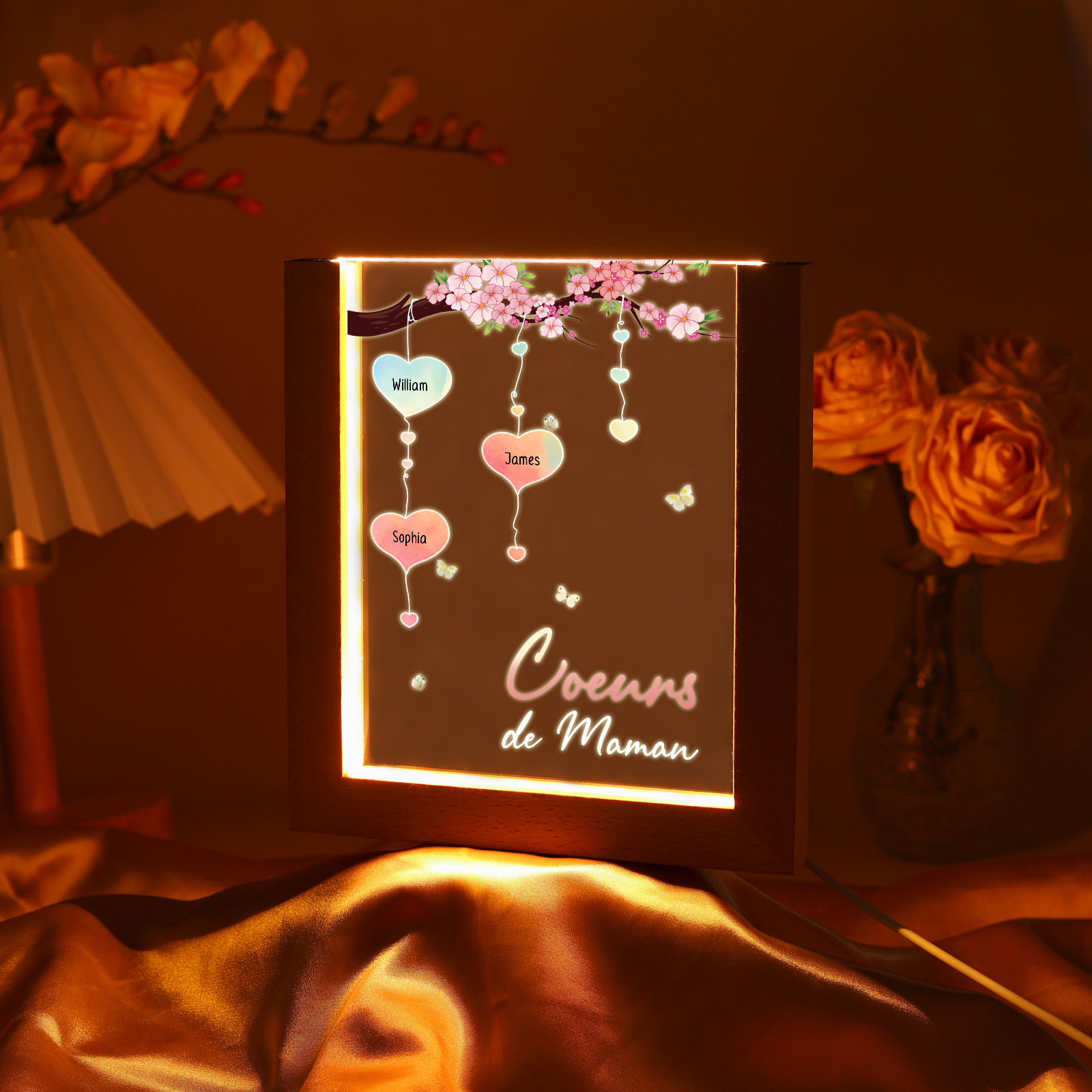 À Maman/Mamie - Lampe de chevet LED Arbre 3 Prénoms Personnalisés avec 1 Texte