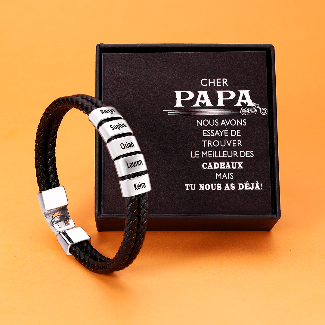 À mon Papa - Bracelet Cuir tressé 5 Perles et Prénoms Personnalisés Bracelet Hommes