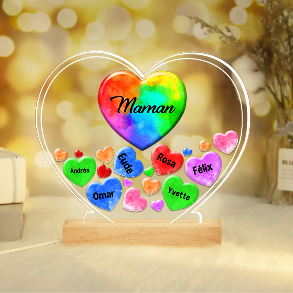 À Ma Maman/Mamie -  Lampe de chevet LED Lumières Cœur 1-14 Prénoms Personnalisés avec 2 Textes