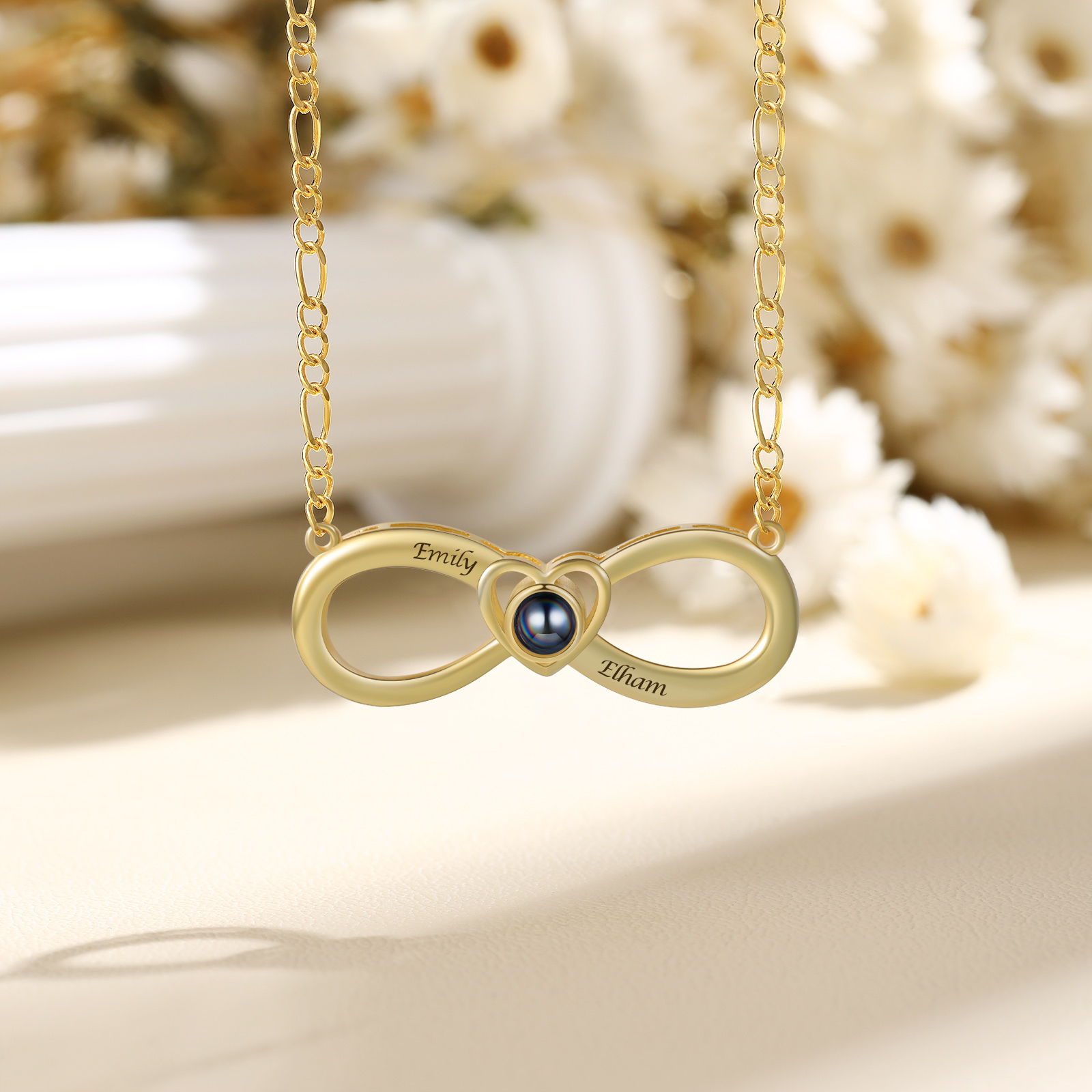 Collier Infini Projection de Pierres 2 Prénoms et 1 Photo Personnalisés pour Couple
