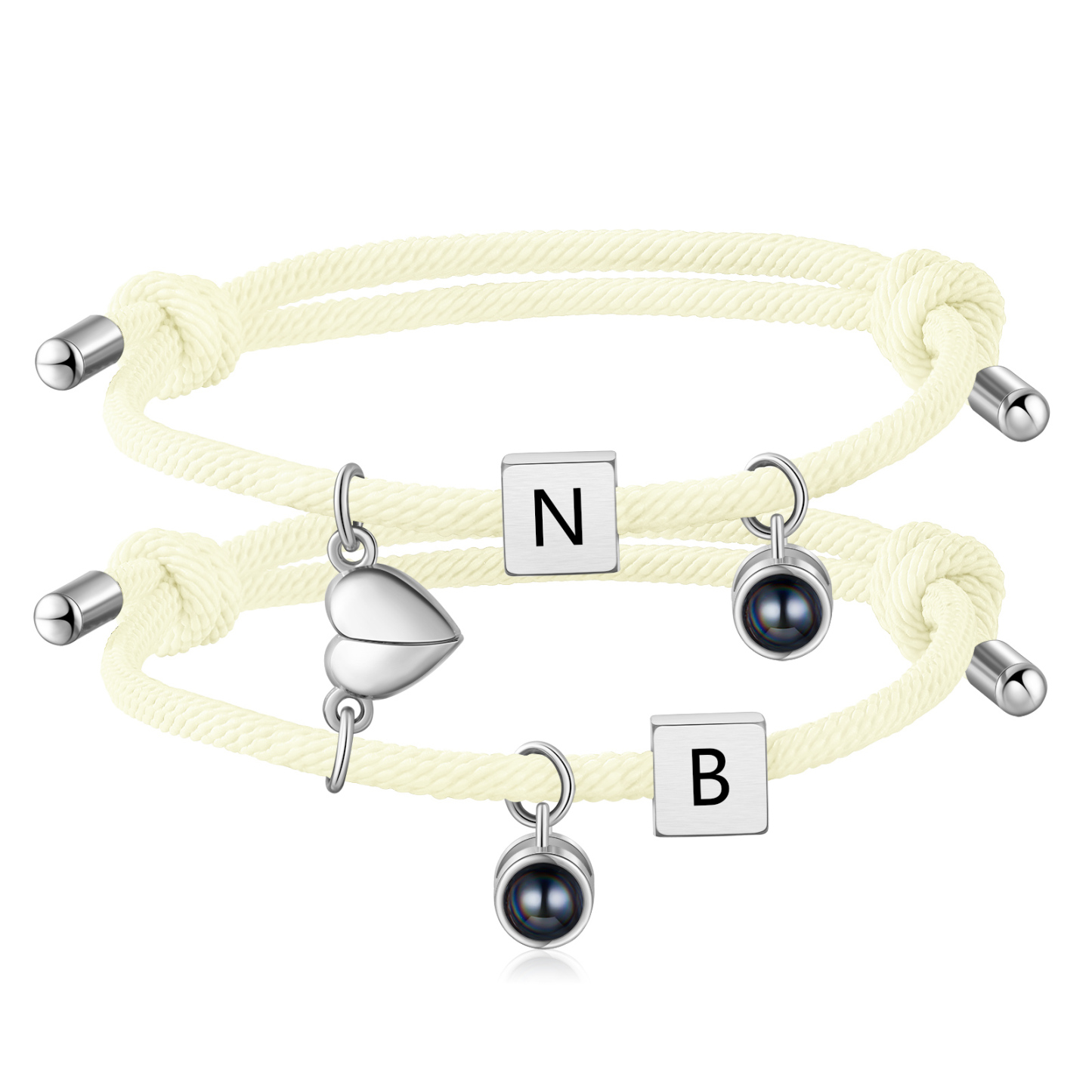 2PCS Bracelets Projection de Pierres 2 Lettres et 1 Photo Personnalisés Bracelets magnétiques pour Couple