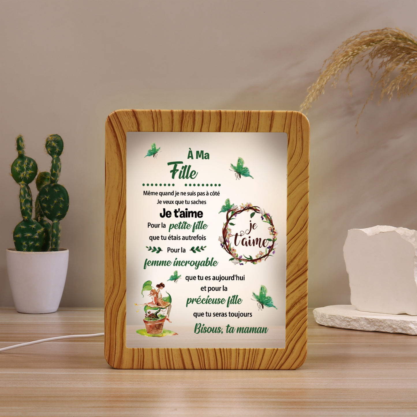 À ma Fille - Cadre Photo/Miroir LED multifonctionnel Cadeau de Maman pour Fille