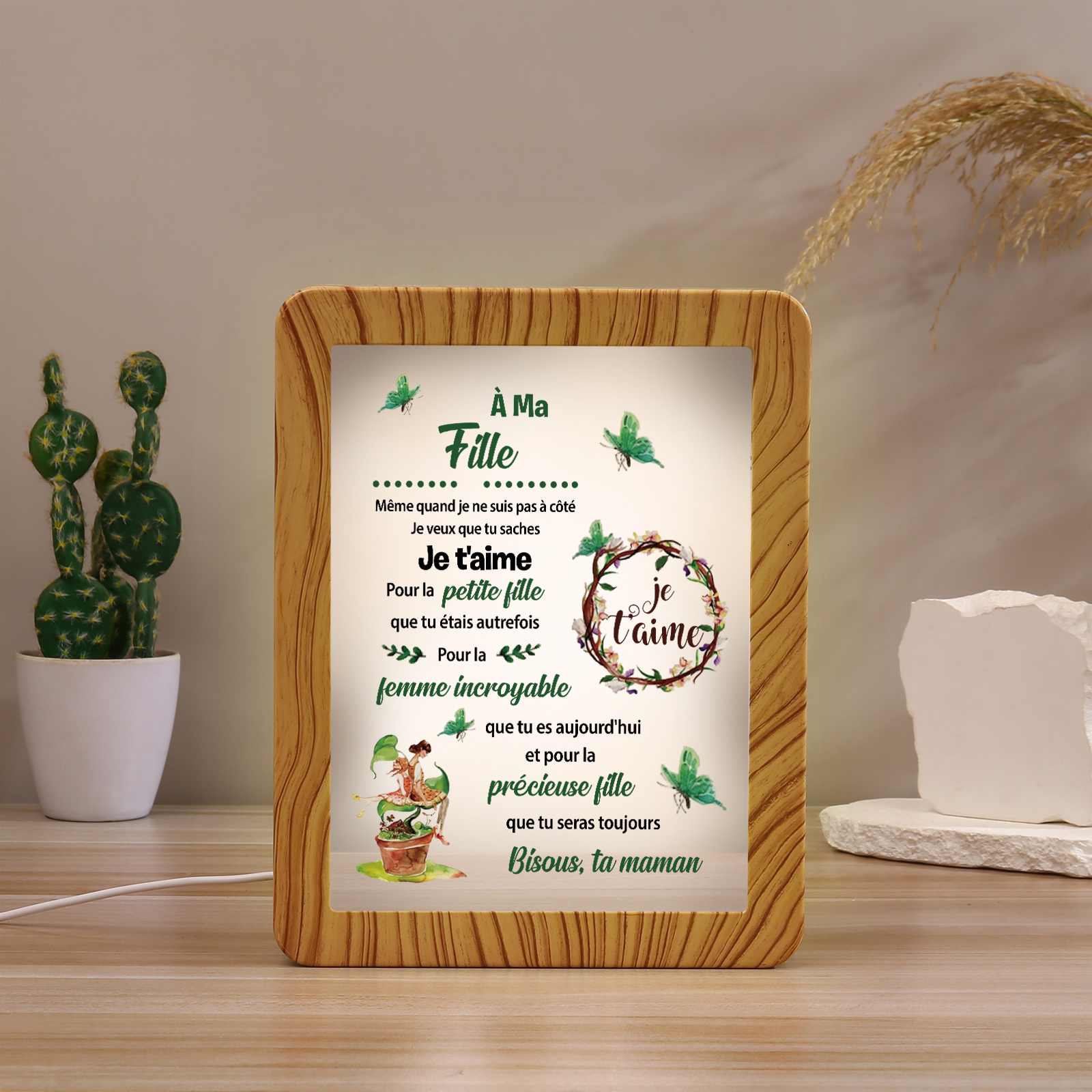 À ma Fille - Cadre Photo/Miroir LED multifonctionnel Cadeau de Maman pour Fille