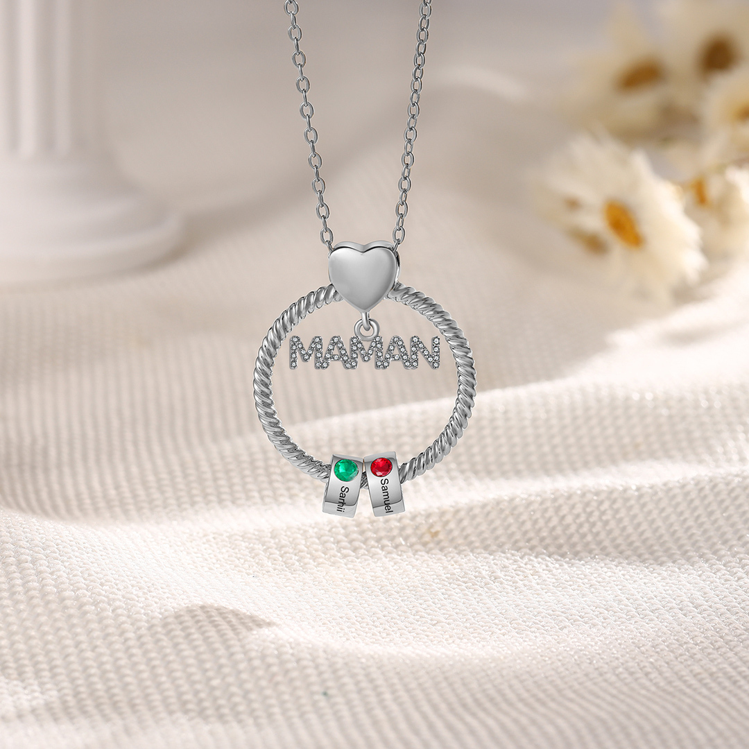 À ma Maman - Collier Pendentif 2 Prénoms Personnalisés avec Pierre de naissance