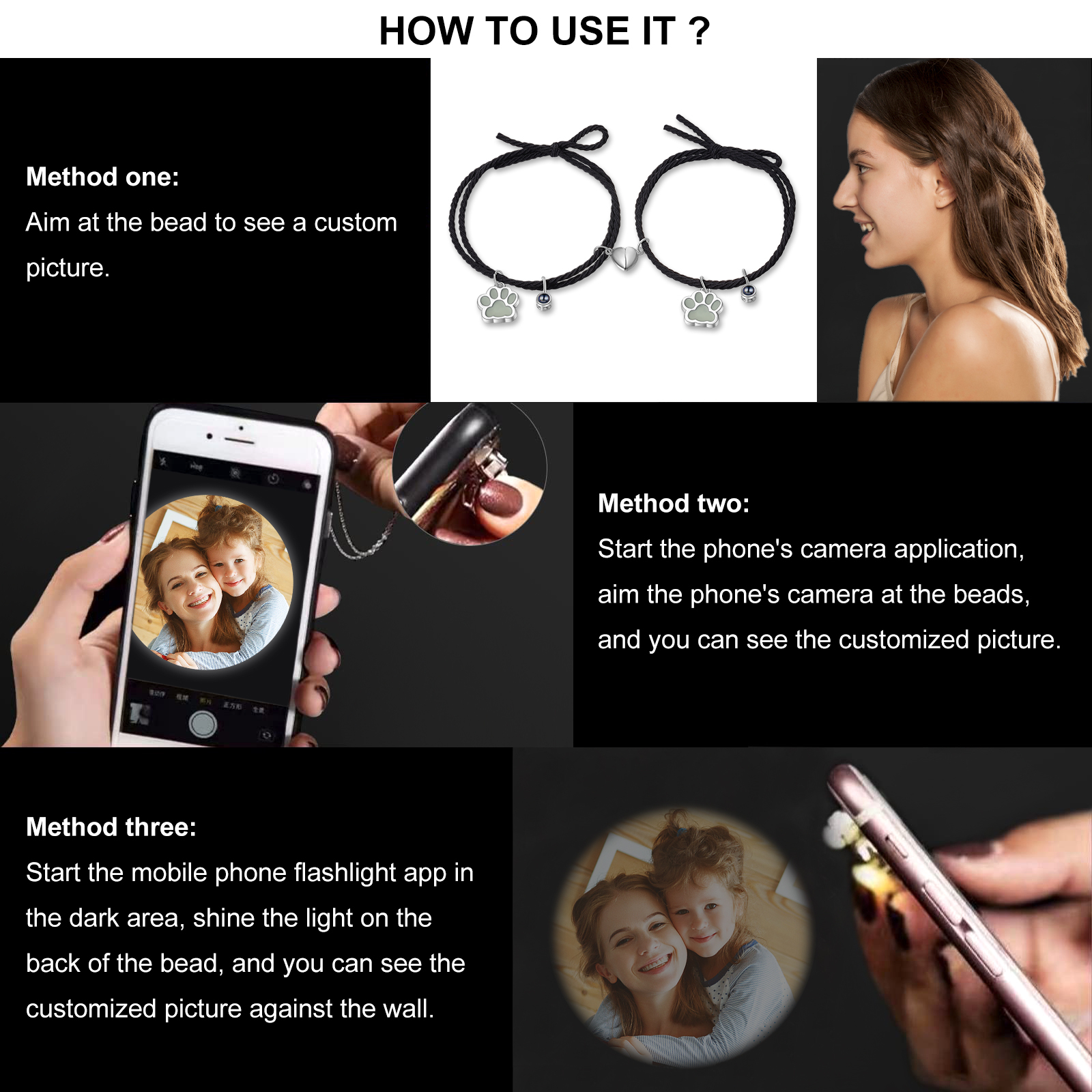 2PCS Bracelets Projection de Pierres Photo Personnalisée pour Couple Bracelet Magnétique Fluorescent