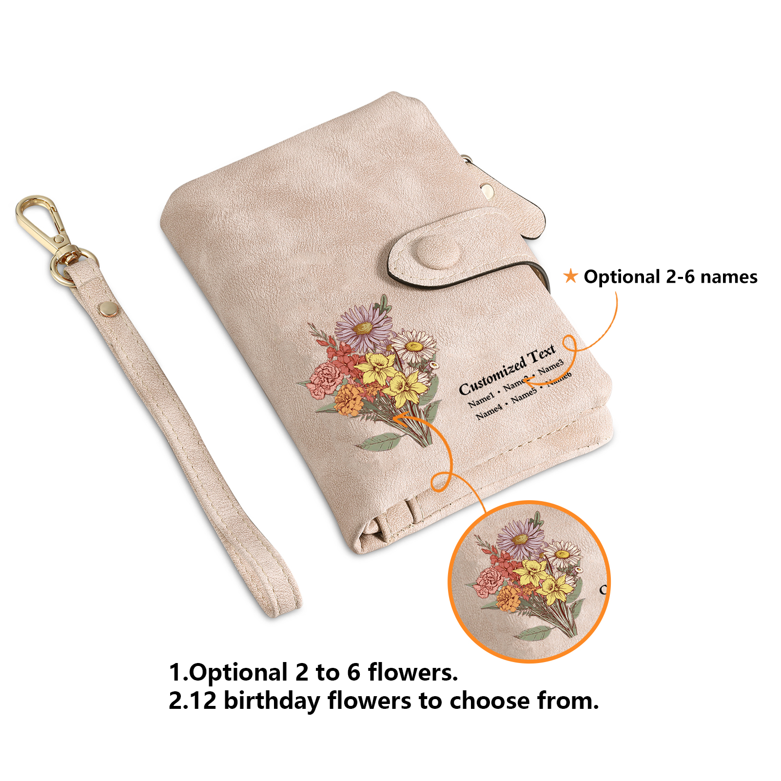 Portefeuille Fleur de naissance 1-6 Prénoms Personnalisés Porte-Monnaie Carte pour Femmes