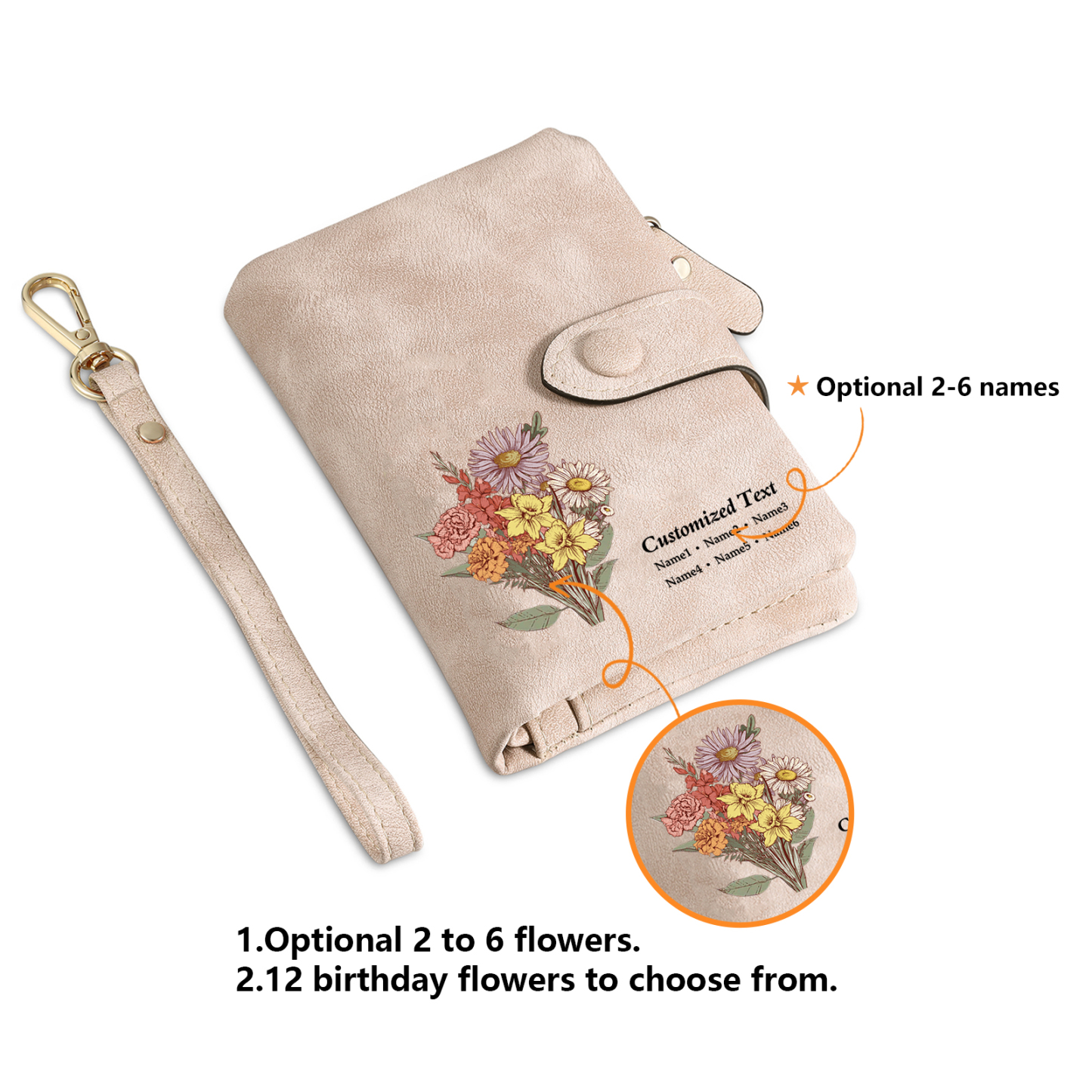 Portefeuille Fleur de naissance 1-6 Prénoms Personnalisés Porte-Monnaie Carte pour Femmes