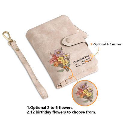 Portefeuille Fleur de naissance 1-6 Prénoms Personnalisés Porte-Monnaie Carte pour Femmes