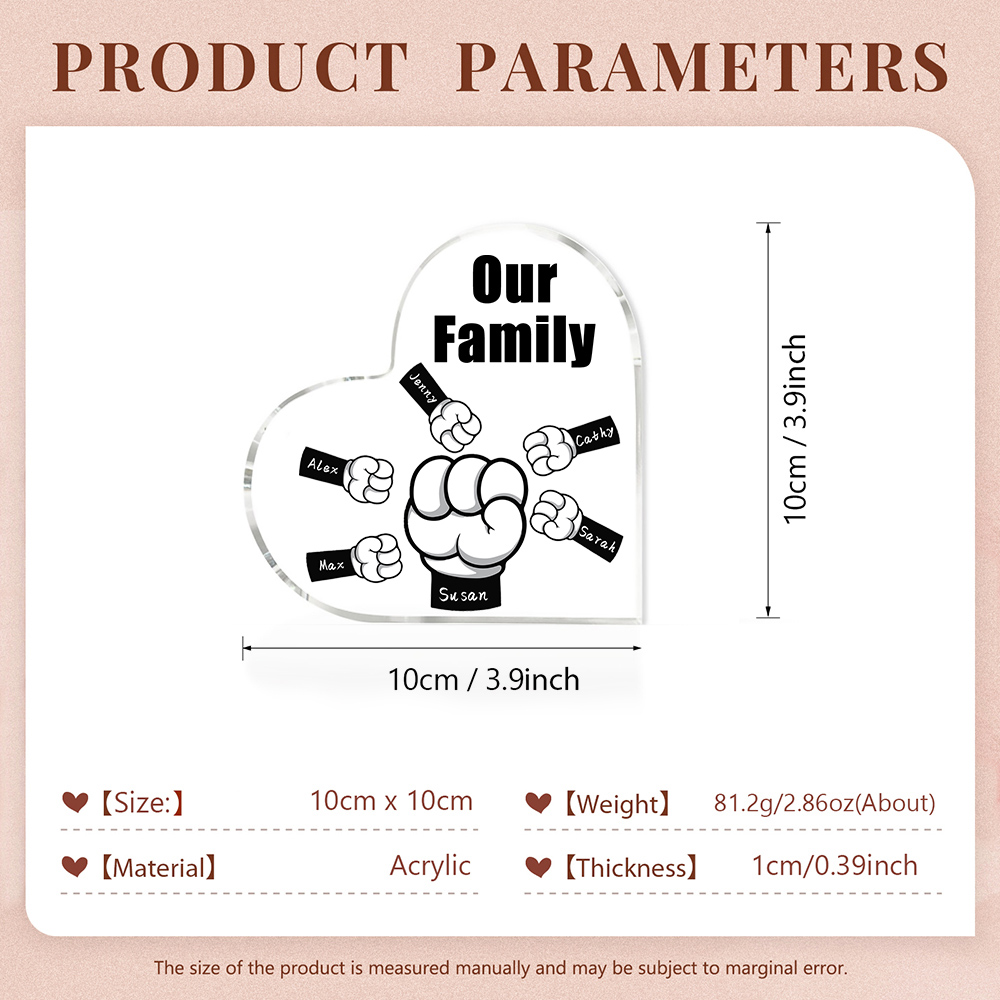 À mon Papa/Maman - Plaque Acrylique en Forme de Cœur Poings 6 Prénoms Personnalisés avec 1 Texte