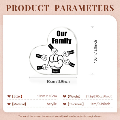 À mon Papa/Maman - Plaque Acrylique en Forme de Cœur Poings 6 Prénoms Personnalisés avec 1 Texte