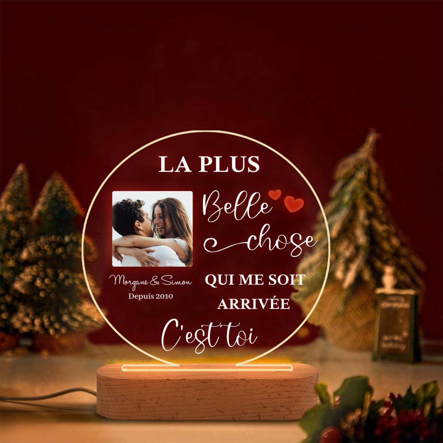 Lampe de chevet Couple LED Lumières 2 Prénoms et 1 Photo Personnalisés avec Date