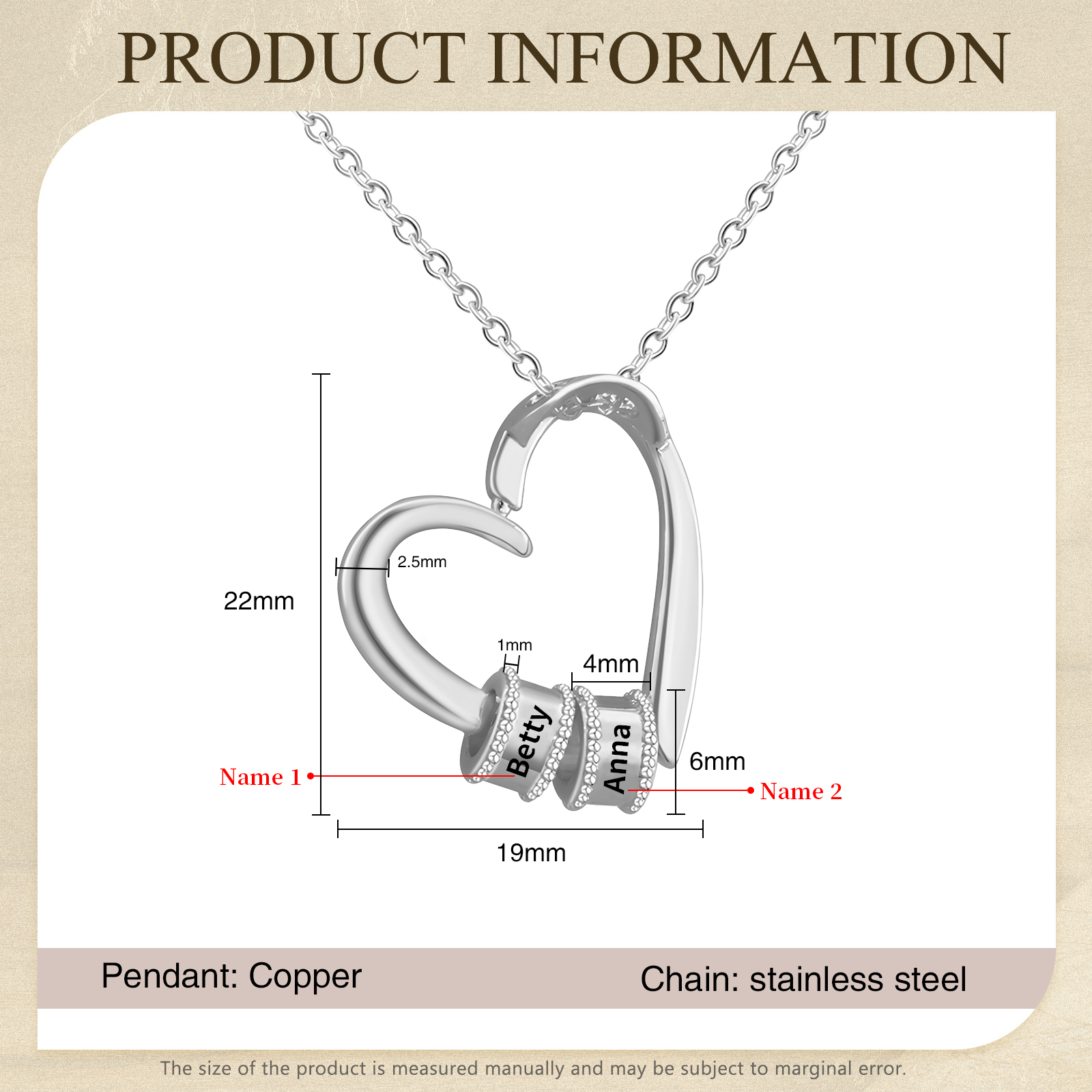 Collier Pendentif Cœur 2 Prénoms et Perles Personnalisés Collier Femmes
