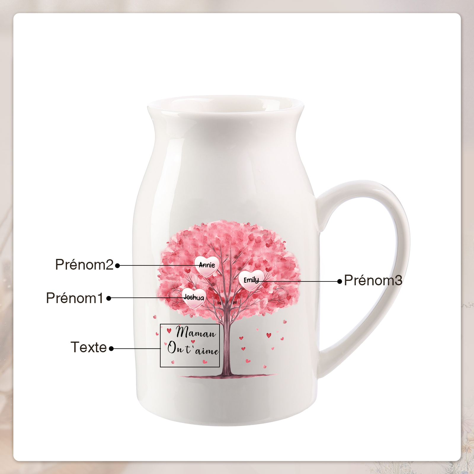 Vase à Fleurs Arbre 3 Prénoms Personnalisés avec Texte Décoration de la Maison