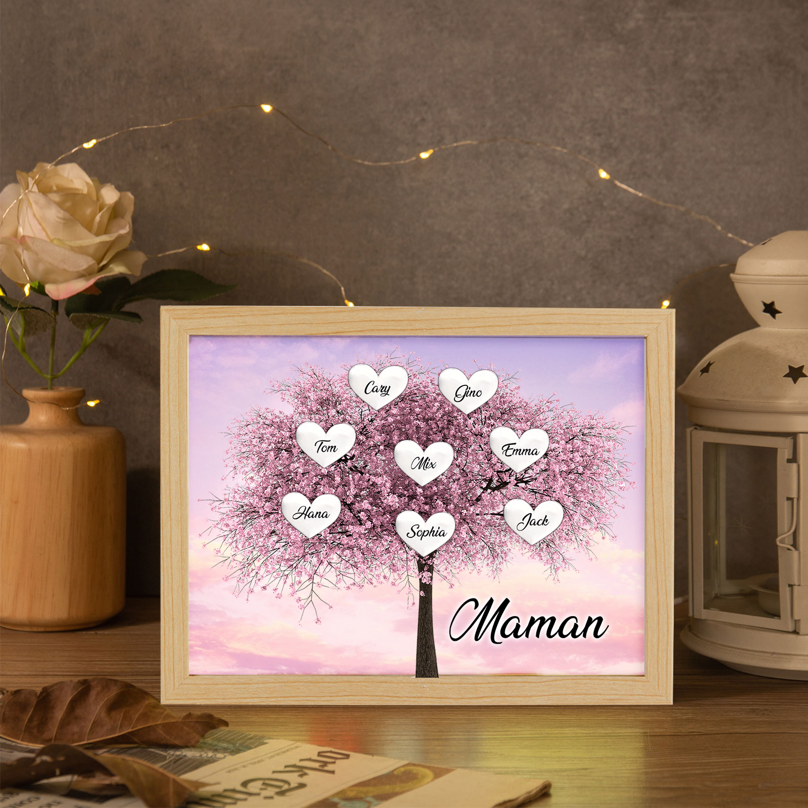 Cadre Photo LED Arbre de Vie 8 Prénoms et 1 Texte Personnalisé Décoration Famille