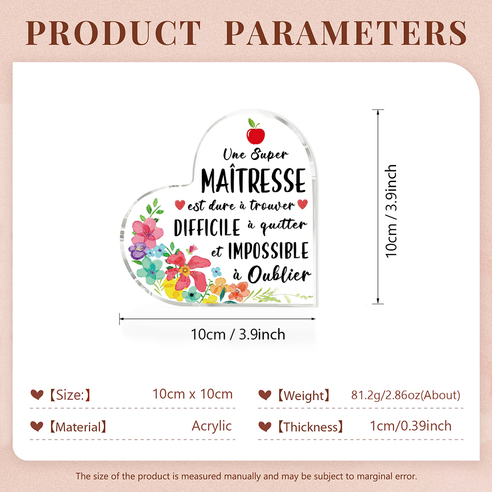 À Ma Maîtresse -Plaque Acrylique en Forme de Cœur avec Message de Remerciement et Motif Floral | Jessemade
