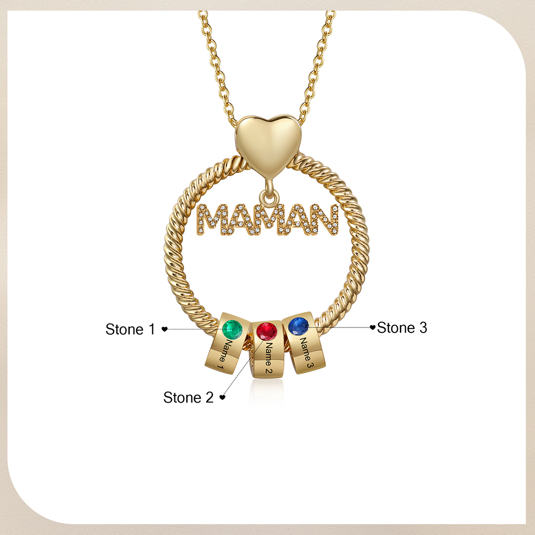 À ma Maman - Collier Pendentif 3 Prénoms Personnalisés avec Pierre de naissance|Jessemade