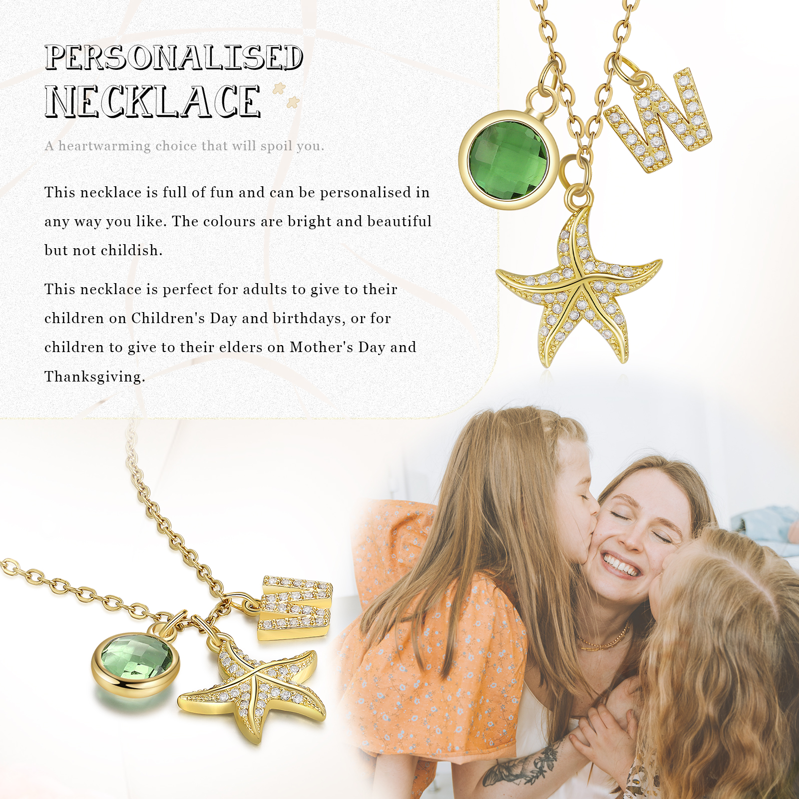 Collier Enfants Bébé Collier Étoile de mer 1 Pierre de Naissance et 1 Lettre pour Fille Filleule