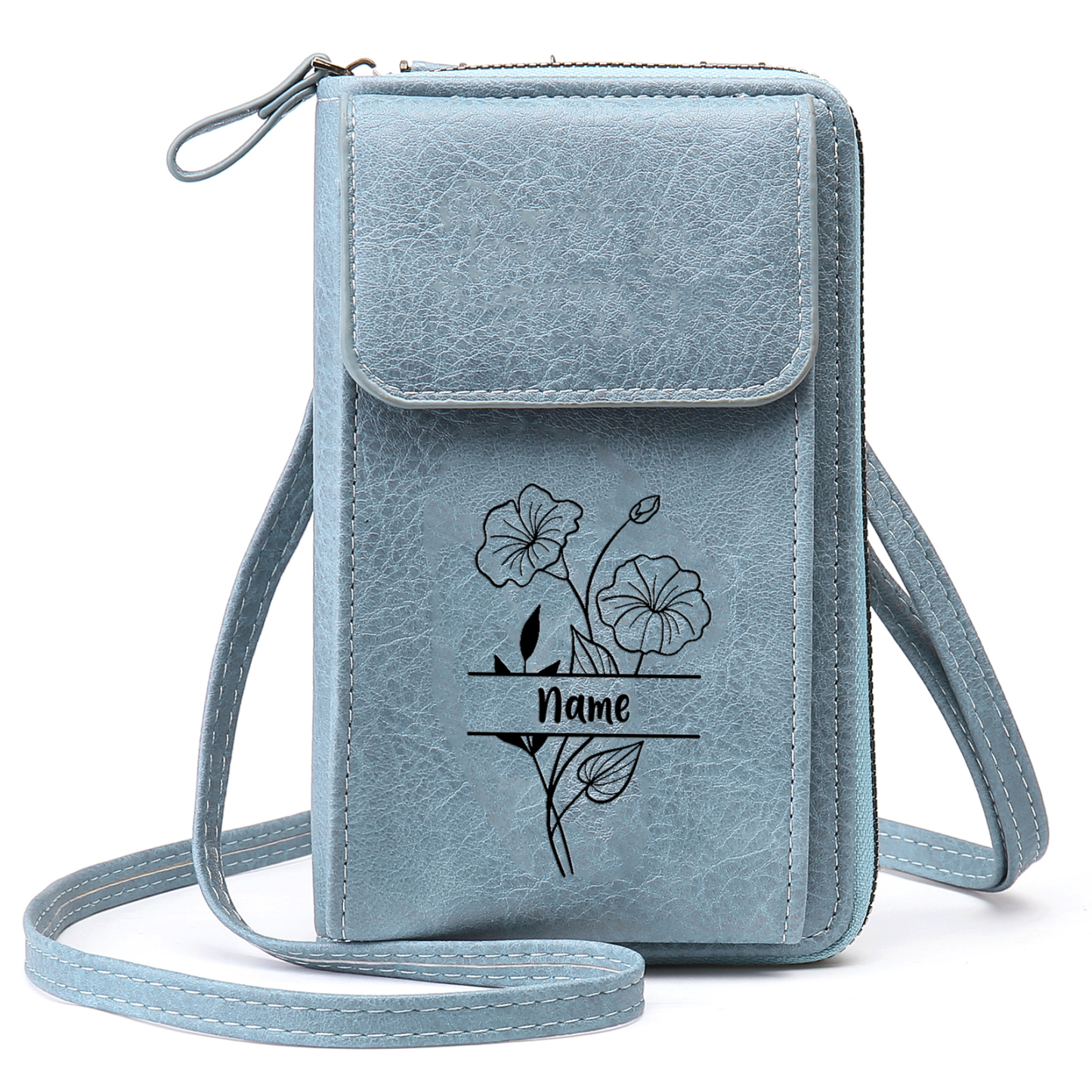 Portefeuille/Sac Bandoulière Femmes 1 Prénom et Fleur de Naissance Personnalisés