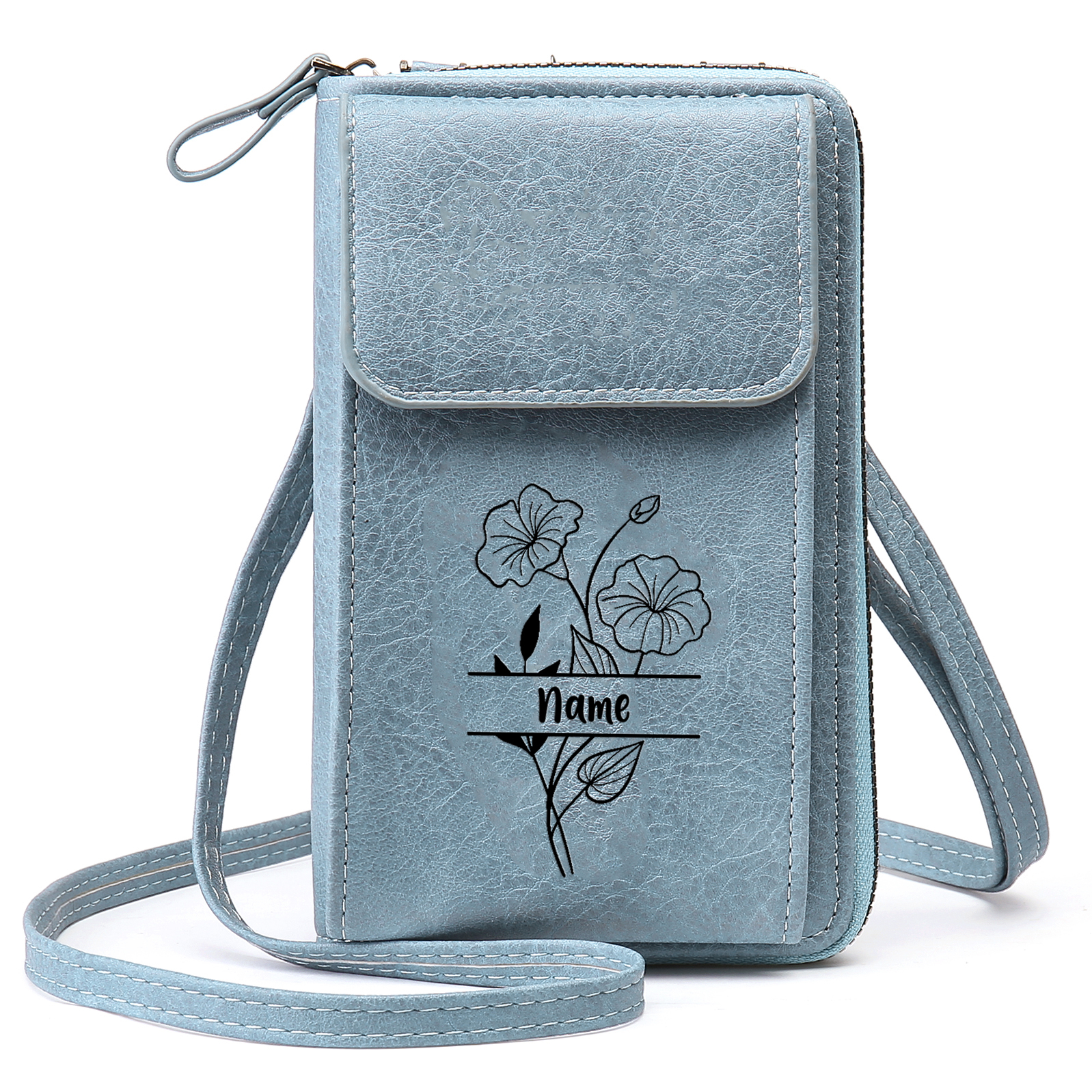 Portefeuille/Sac Bandoulière Femmes 1 Prénom et Fleur de Naissance Personnalisés