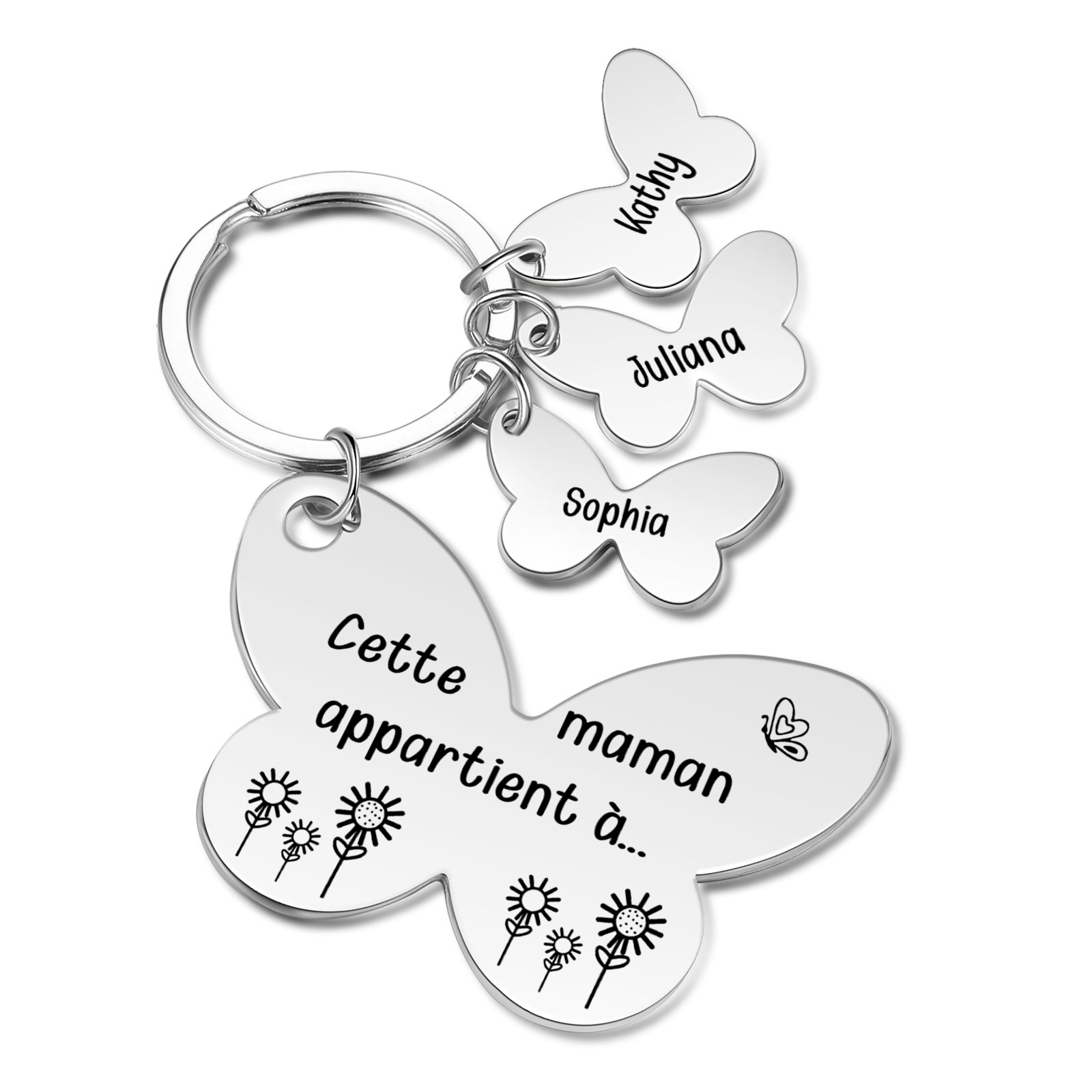 À Maman/Mamie - Porte-Clés Papillon 3 Prénoms Personnalisés avec Texte