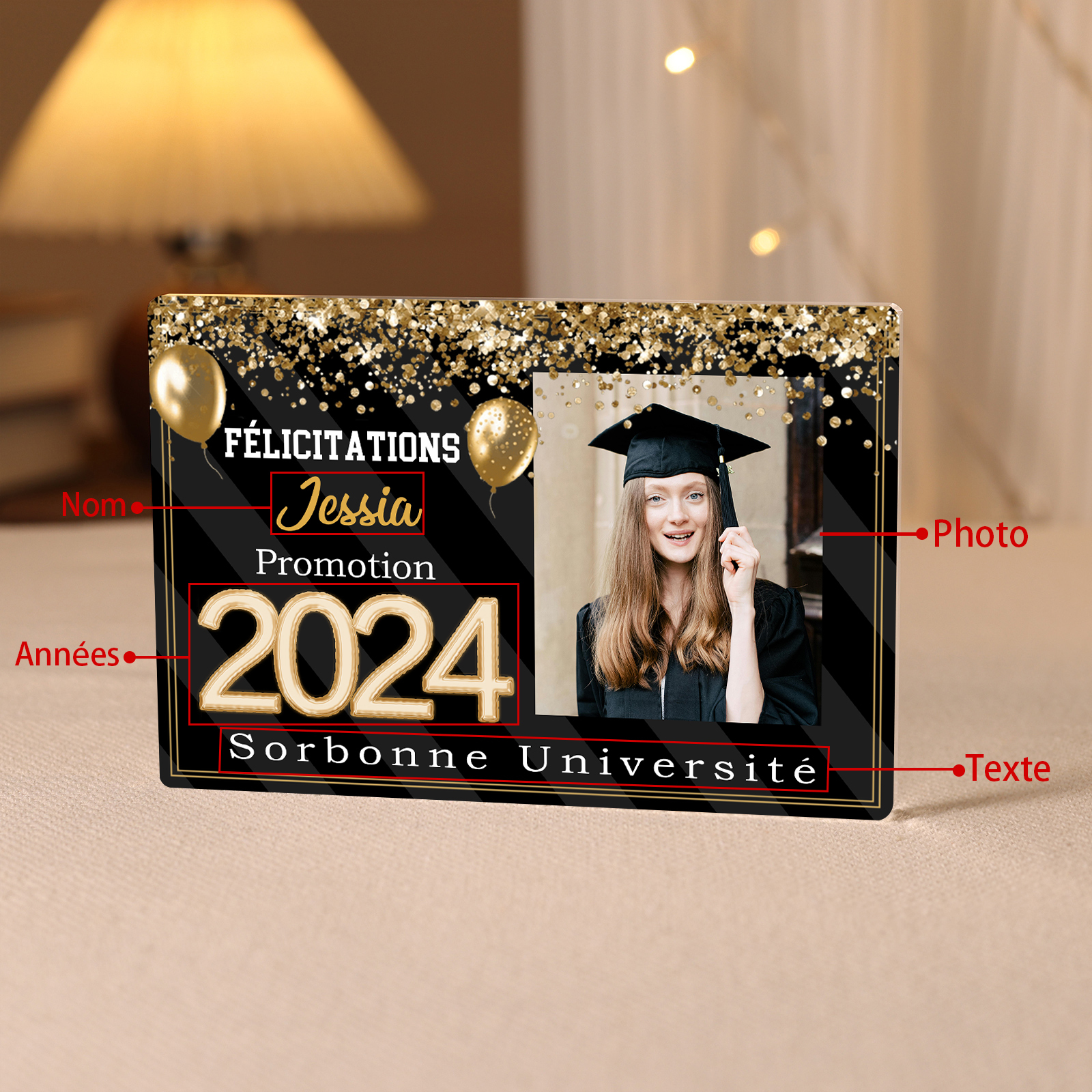Plaque Acrylique Rectangle Diplômés Prénom et Photo Personnalisés avec Années et Texte Cadeau de Graduation