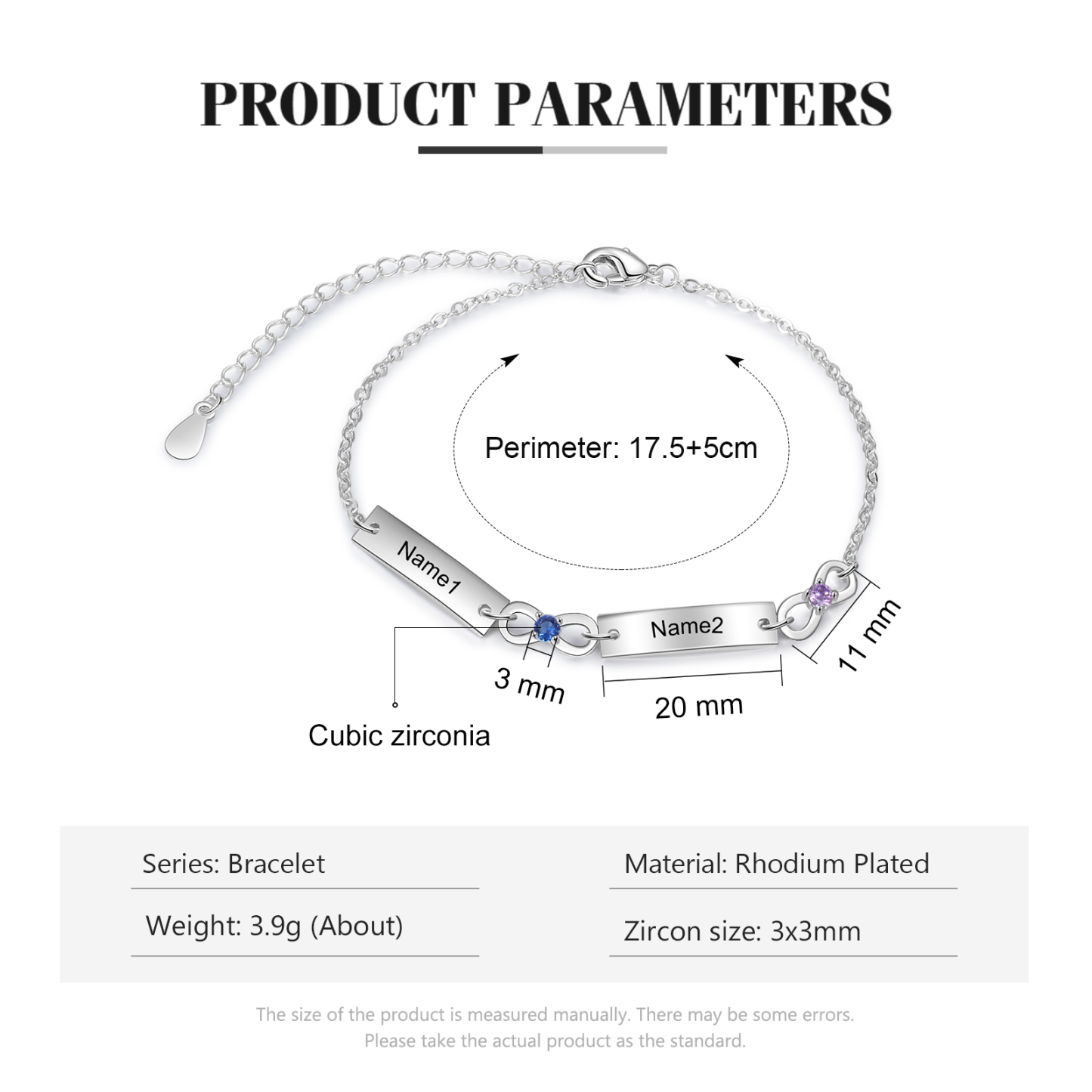 Bracelet infini 2 Prénoms Personnalisé avec 2 Pierres de Naissance