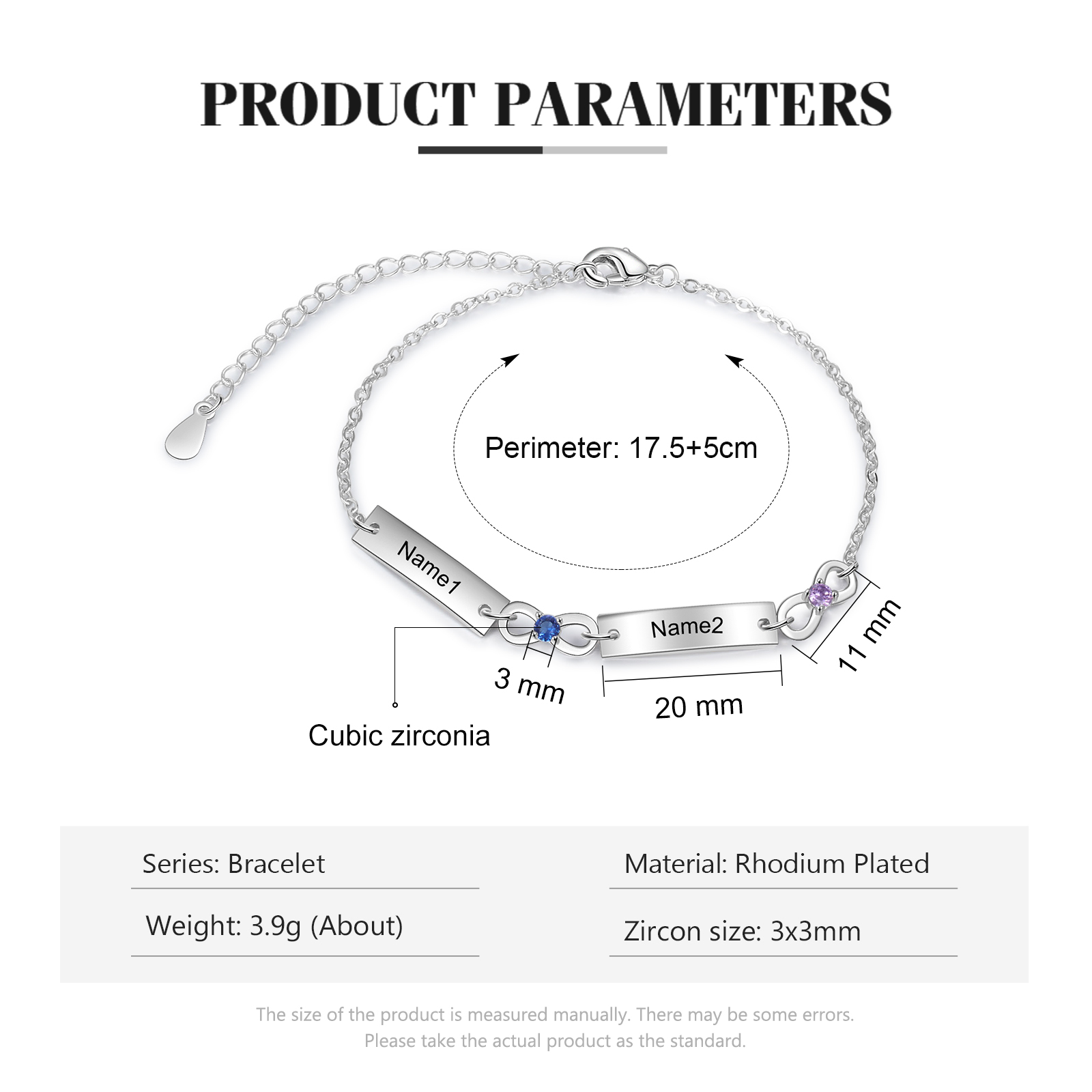 Bracelet infini 2 Prénoms Personnalisé avec 2 Pierres de Naissance