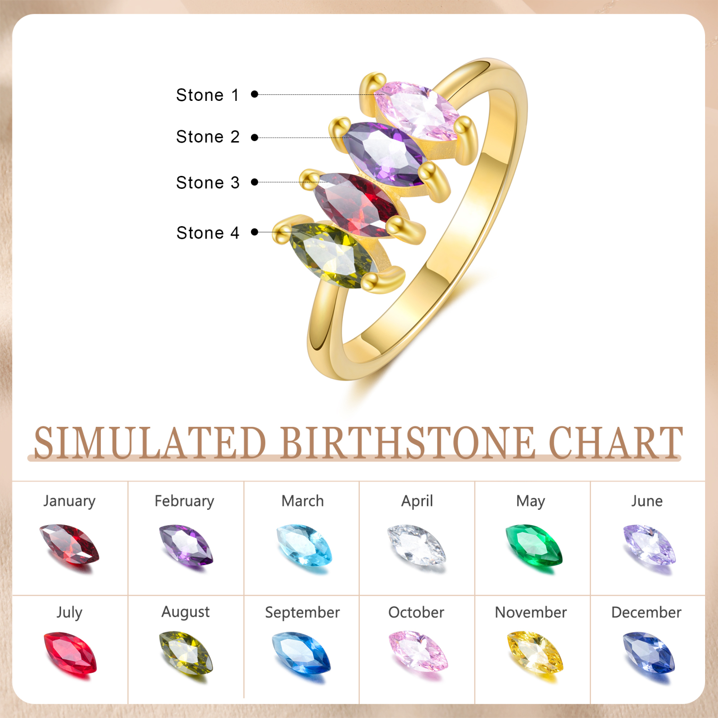 Bague Femmes 4 Pierres de Naissance Personnalisés