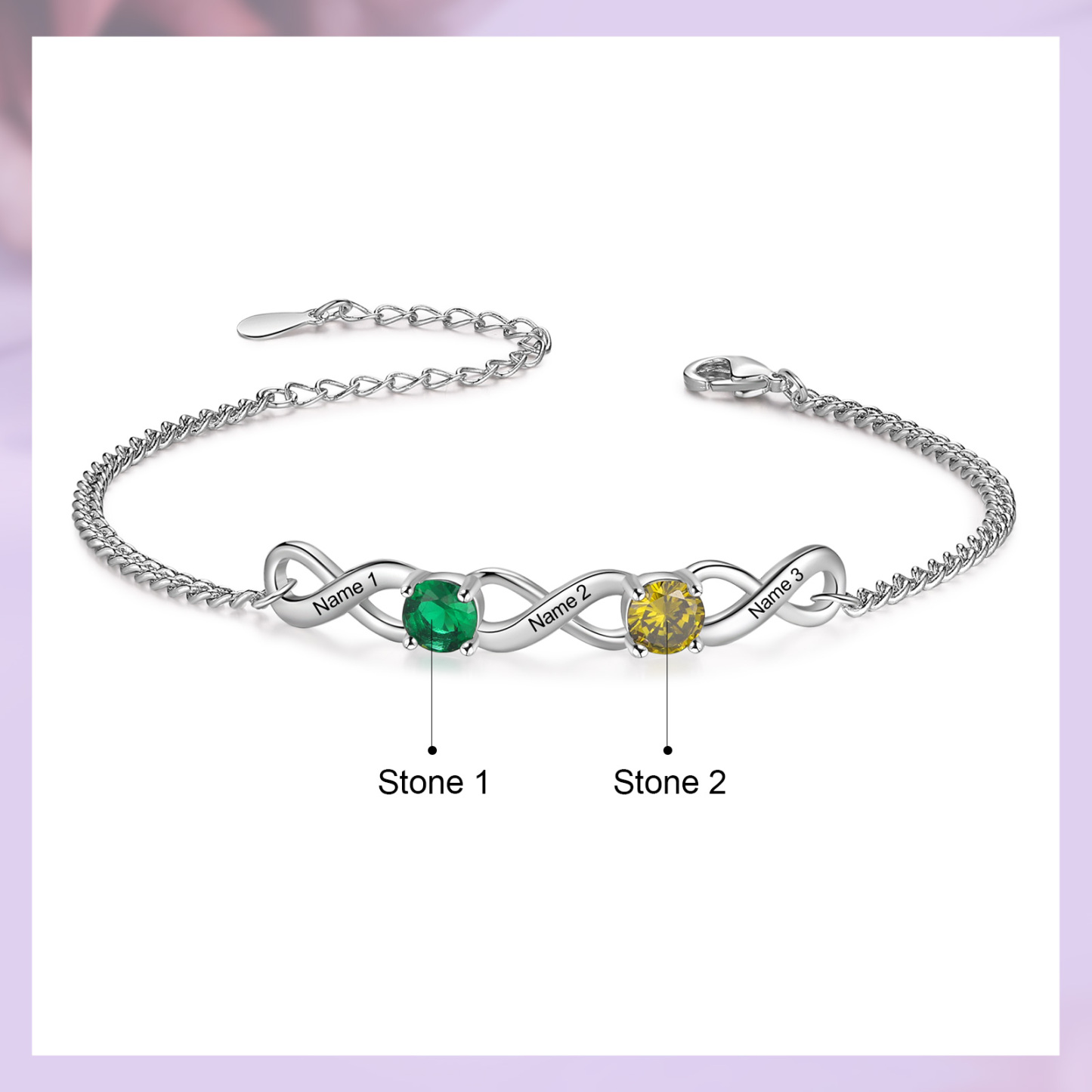 Bracelet Infini 3 Prénoms Personnalisés avec 2 Pierres de Naissance pour Femme