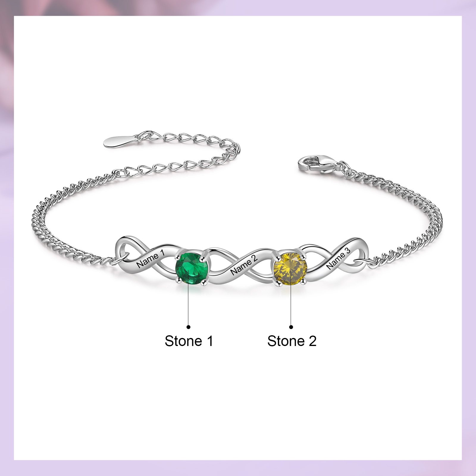 Bracelet Infini 3 Prénoms Personnalisés avec 2 Pierres de Naissance pour Femme