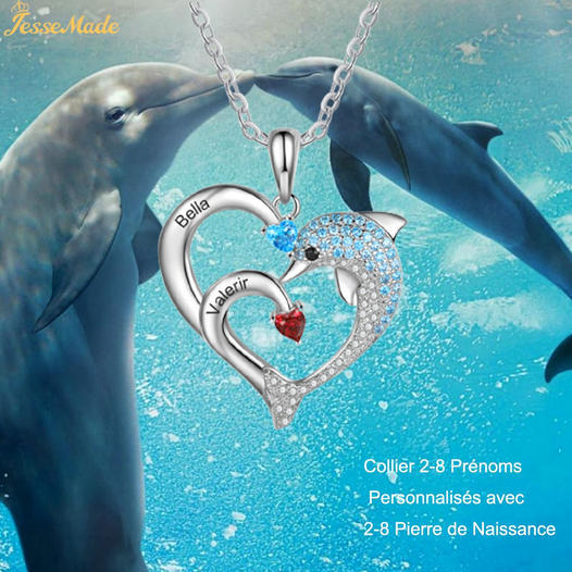 Collier coeur et dauphin 2 Prénoms Personnalisés avec 2 Pierre de Naissance