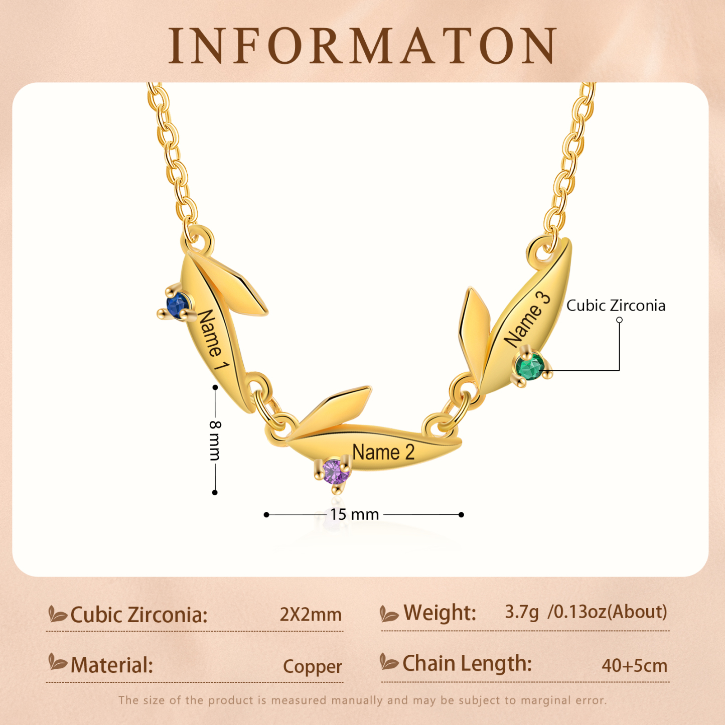 Collier Feuille 3 Prénoms Personnalisés avec Pierre de naissance Collier Femmes