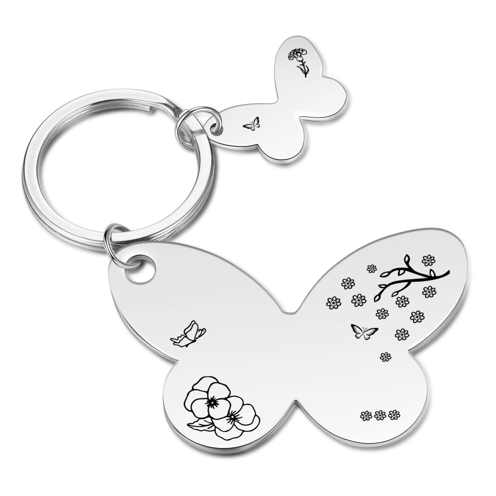 À Maman/Mamie - Porte-Clés Papillon 1 Prénom et Fleur de Naissance Personnalisés avec Texte