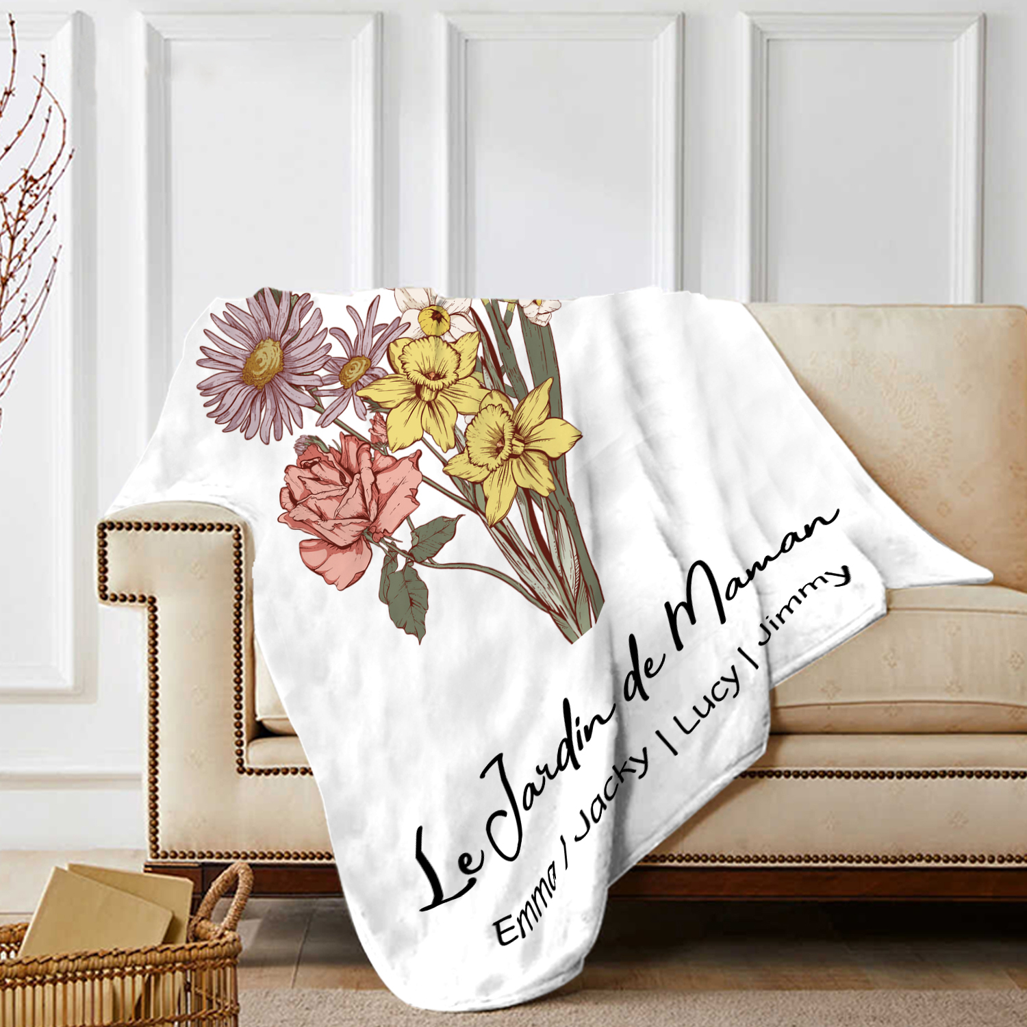 À ma Maman - Plaid Personnalisé avec 4 Prénoms et Fleurs de Naissance Couverture en Flanelle Blanc/Rose le jardin de Maman | Jessemade