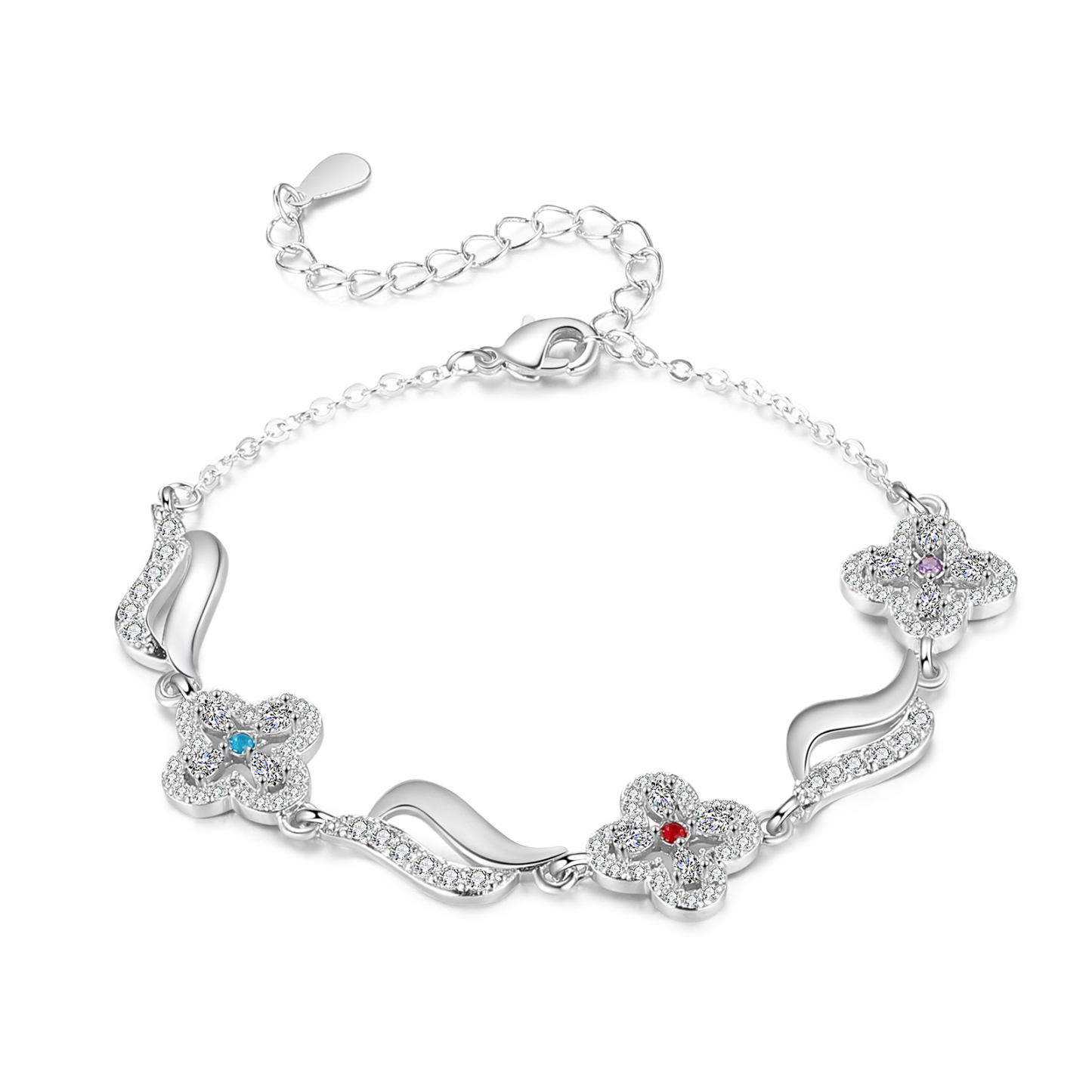 Bracelet Fleurs 3 Prénoms Personnalisés avec 3 Pierres de Naissance pour Femme | Jessemade