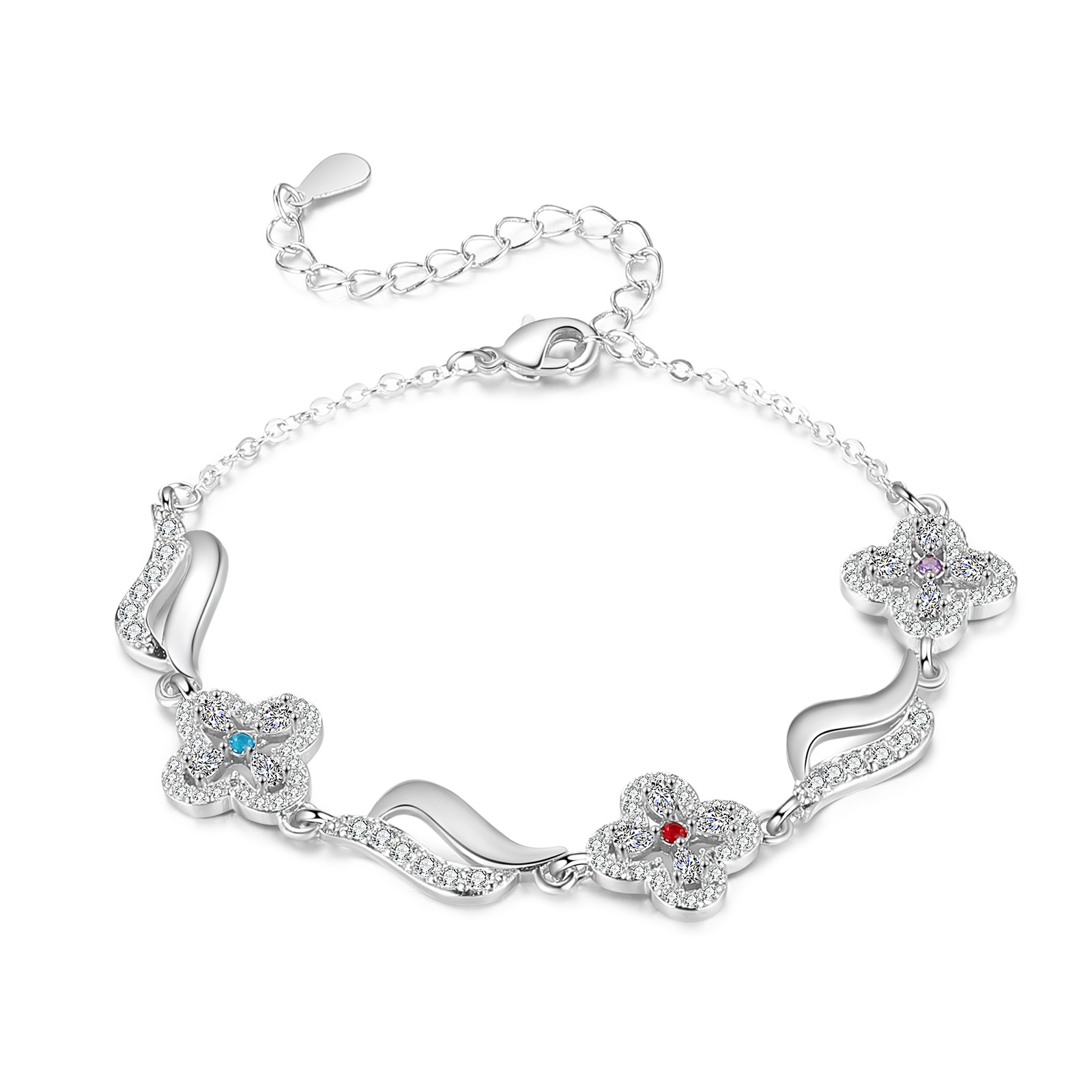 Bracelet Fleurs 3 Prénoms Personnalisés avec 3 Pierres de Naissance pour Femme | Jessemade