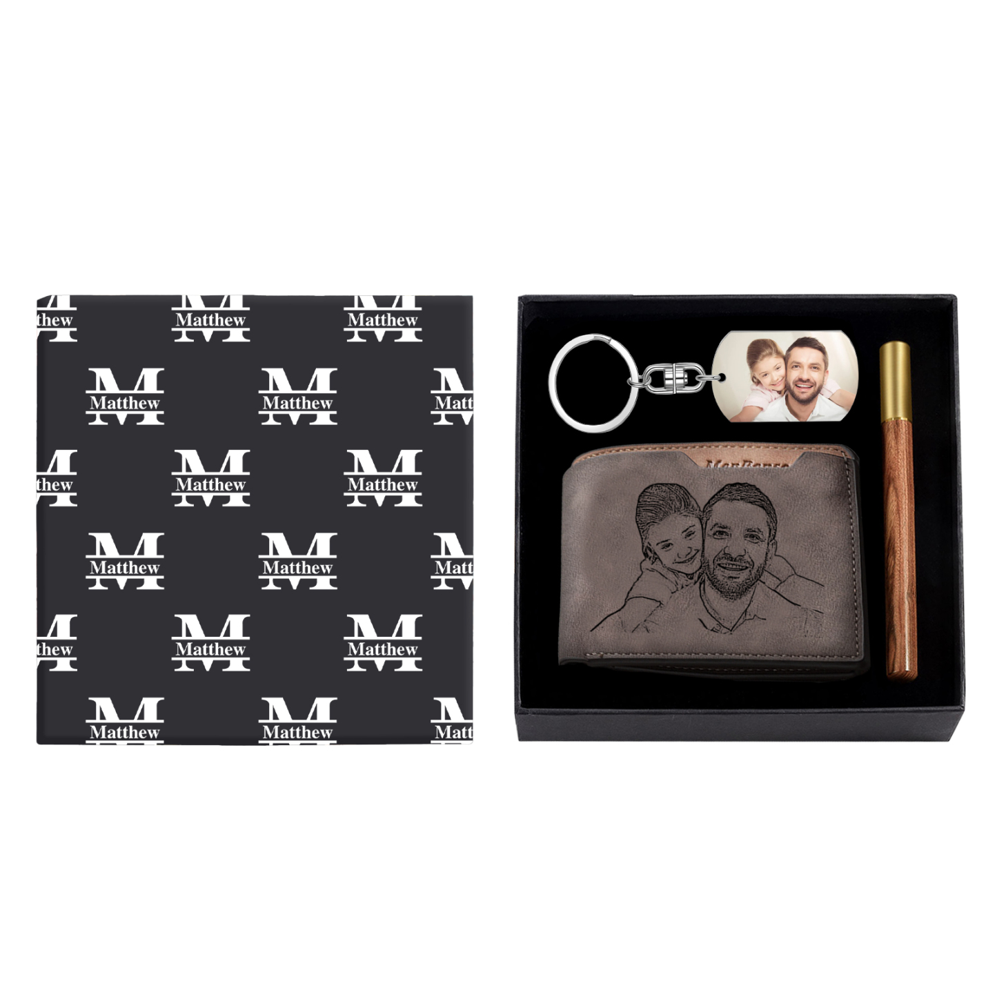 Coffret Cadeau 3PCS - Portefeuille classique Porte-Clés et Stylo 1 Prénom et Lettre Personnalisés avec 2 Photos 1 Texte et Date pour Homme