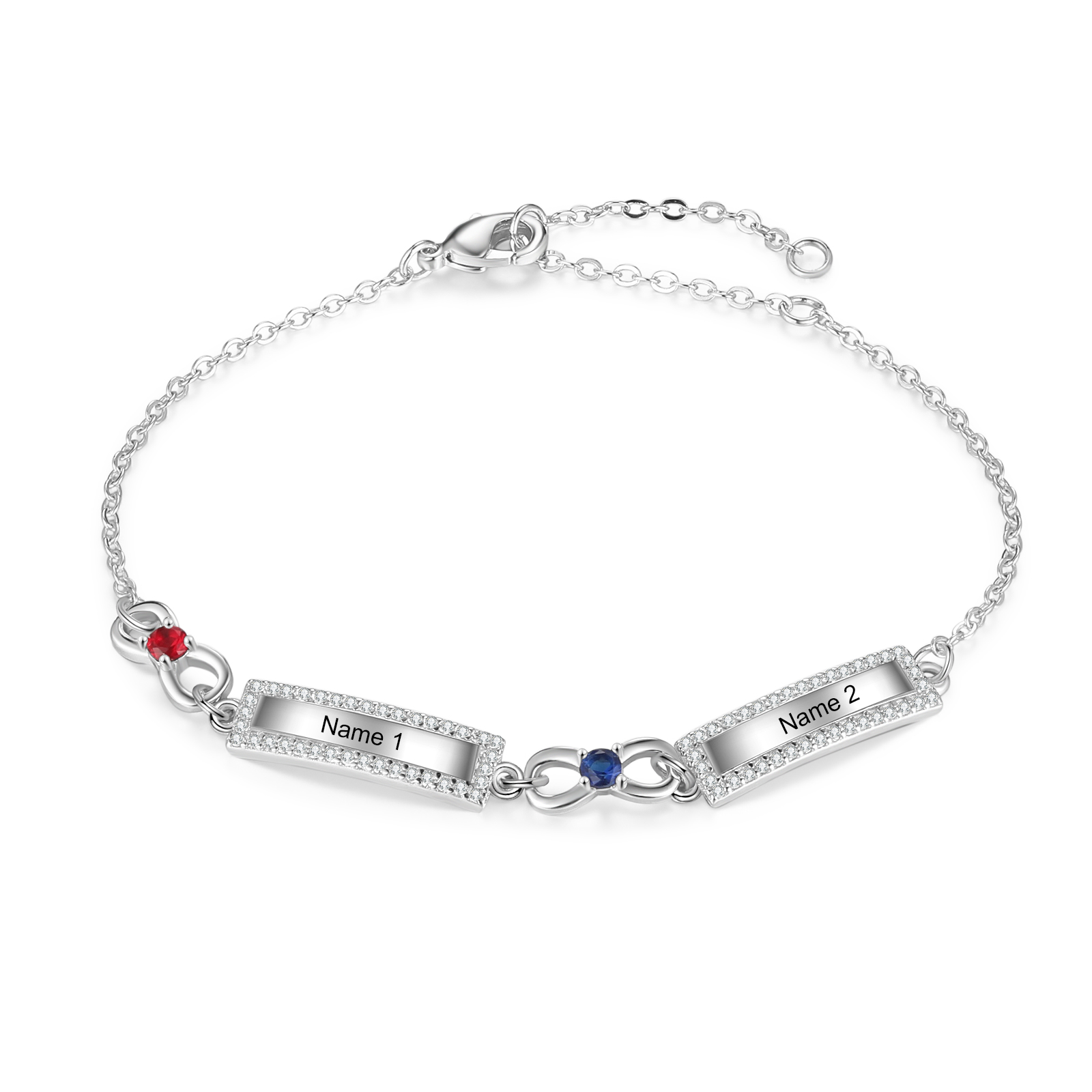Bracelet Infini 2 Prénoms Personnalisé avec 2 Pierres de Naissance