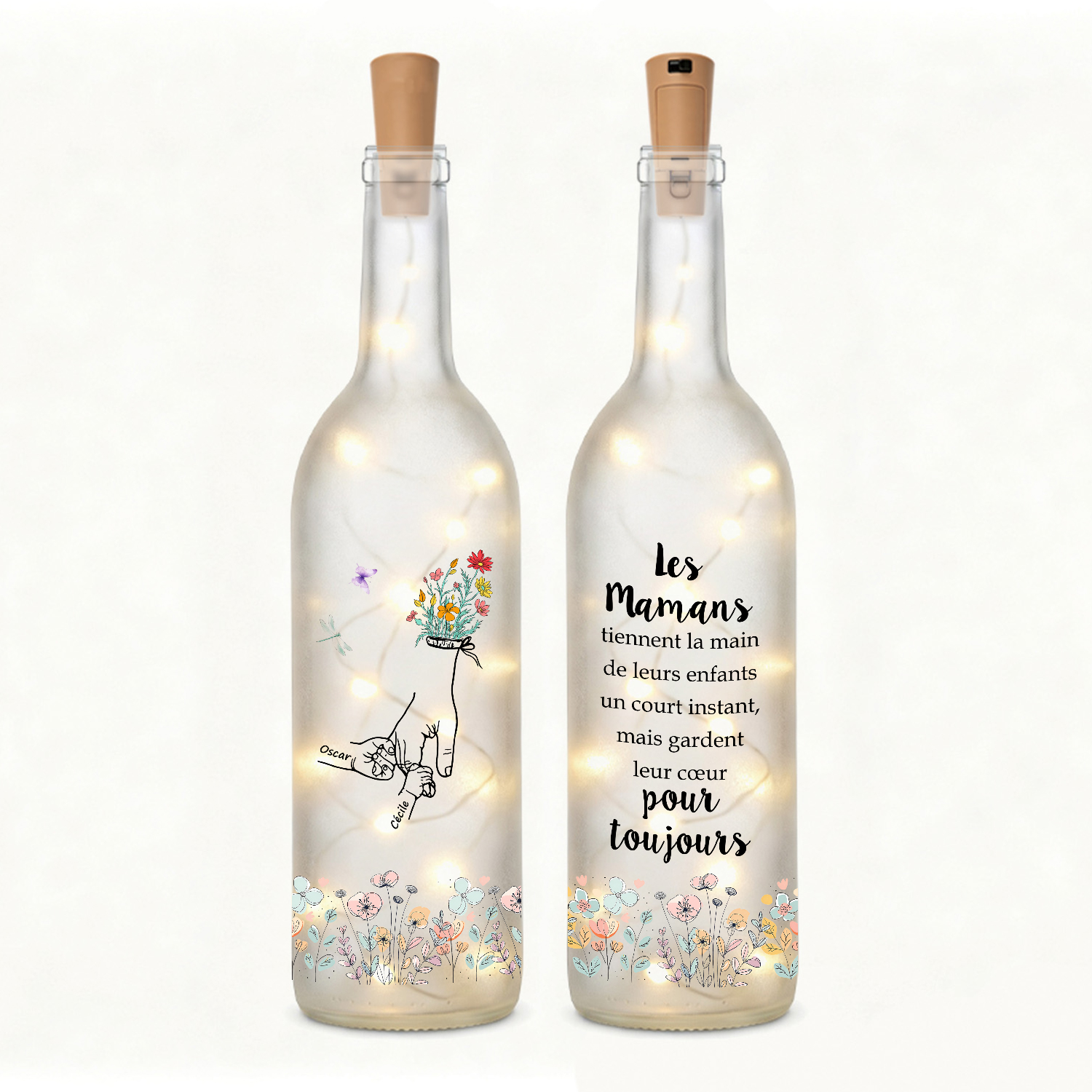 Bouteille Lumineuse LED personnalisée avec 2 à 12 Prénoms et Mains, Cadeau pour Maman