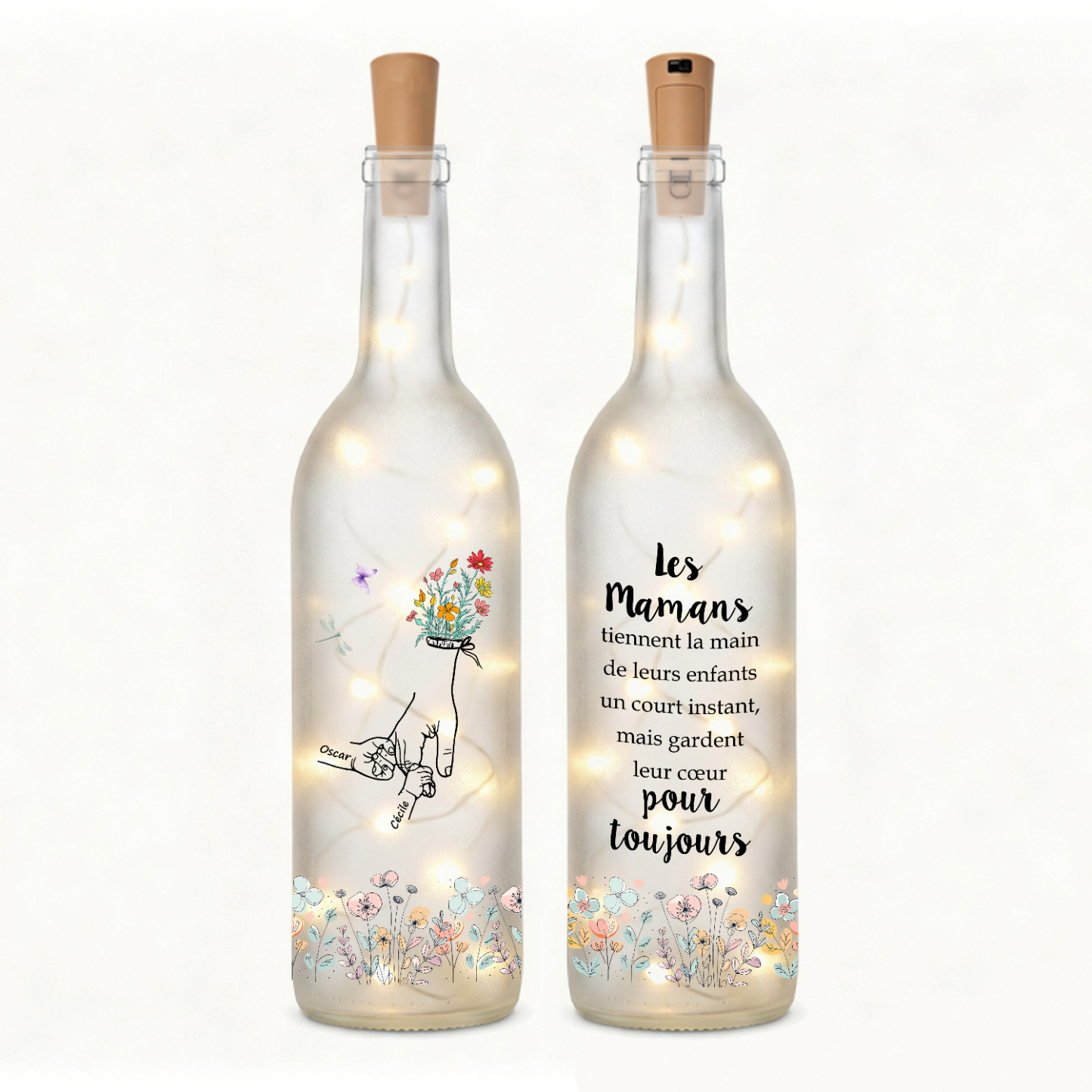 Bouteille Lumineuse LED personnalisée avec 2 à 12 Prénoms et Mains, Cadeau pour Maman