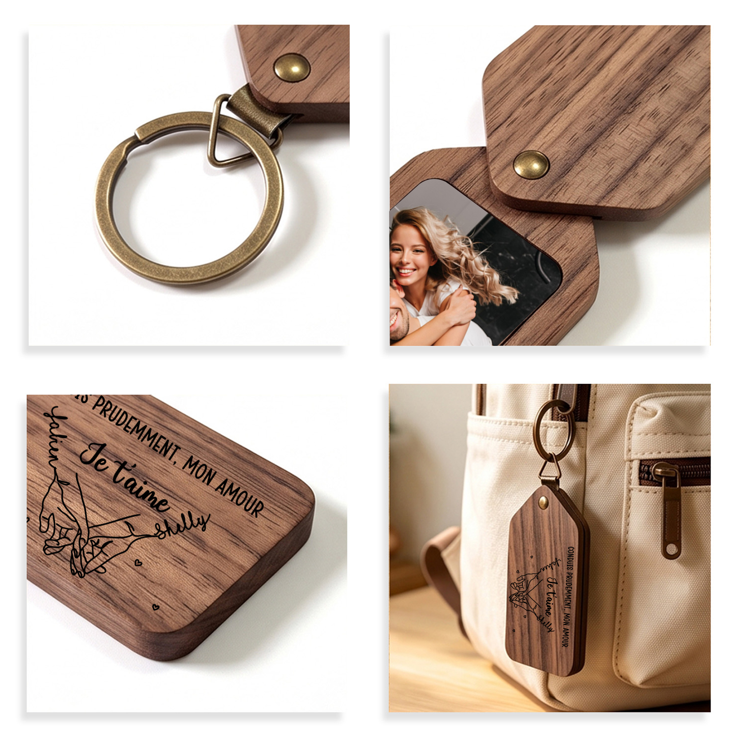 Porte-Clés Photo Personnalisé en Bois avec Promesse du Petit Doigt et 2 Photos