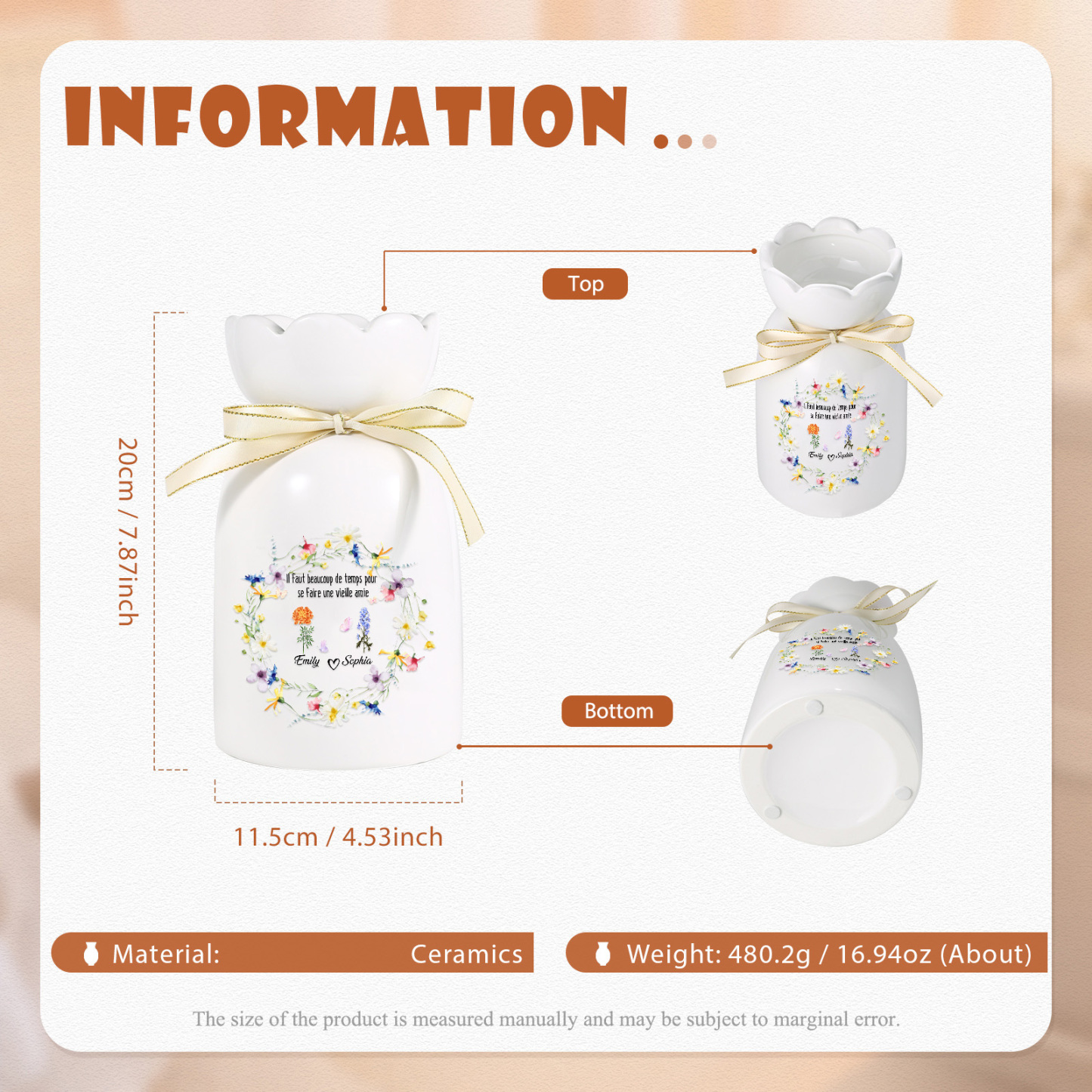 À ma Sœur/Amie - Vase en Céramique Personnalisé 2 Prénoms et Fleurs de Naissance  (sans fleurs) Cadeau d'Amitié | Jessemade