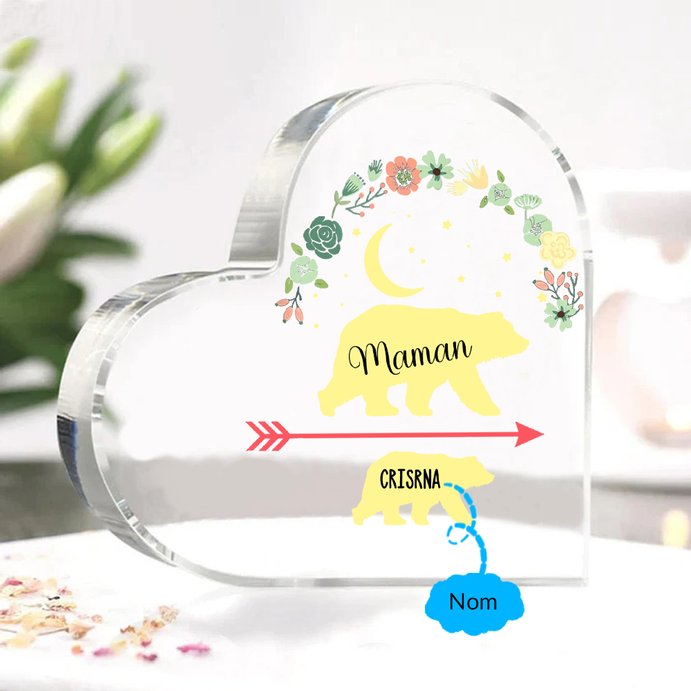 À ma Maman - Plaque Acrylique en Forme de Cœur Ours 1 Prénom Personnalisé