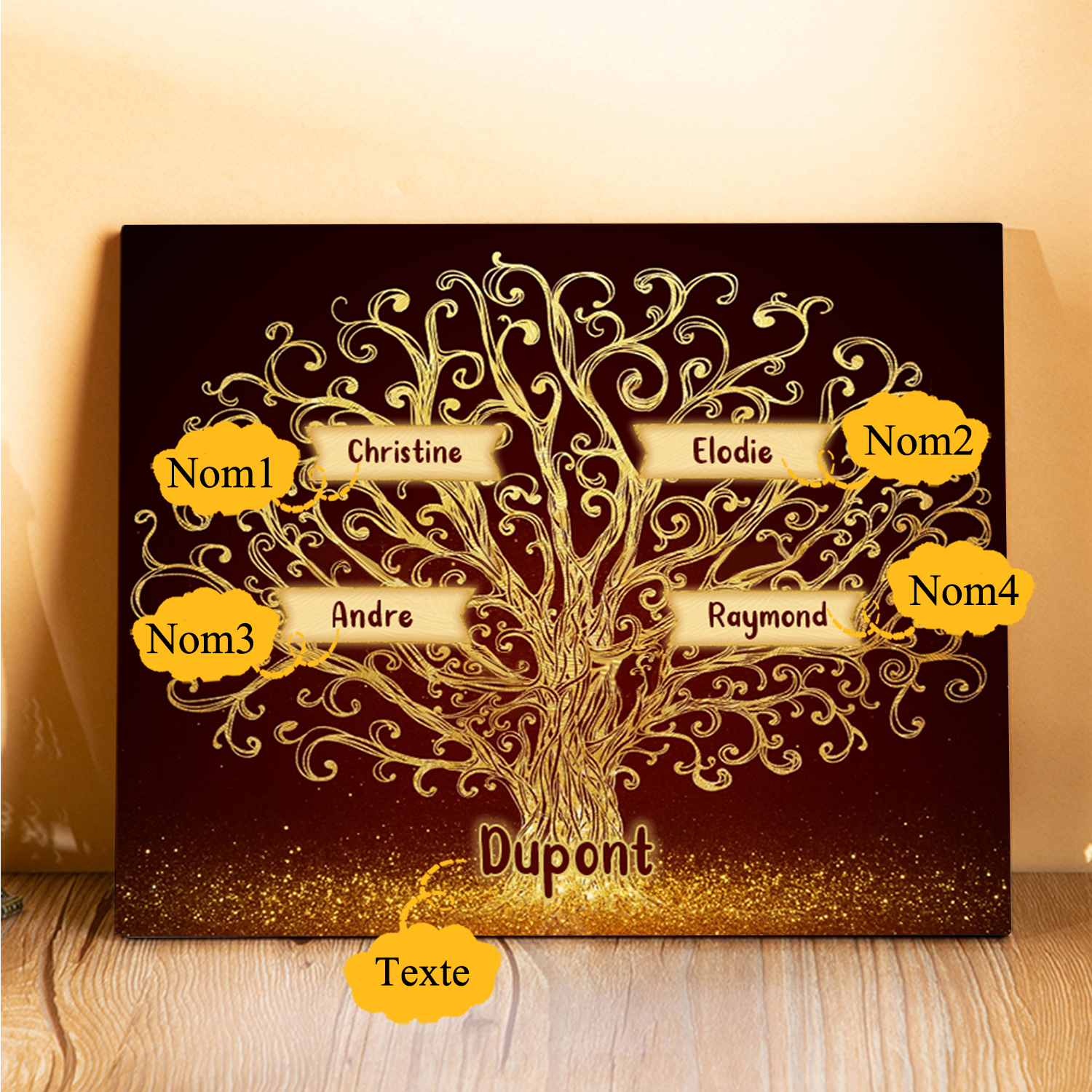 Cadre en Bois Arbre 4 Prénoms Personnalisés avec Texte Cadeau pour Famille