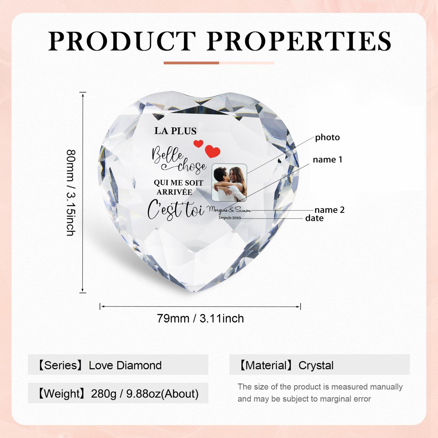 Décoration Cristal Cœur 2 Prénoms et 1 Photo Personnalisés avec Date pour Couple